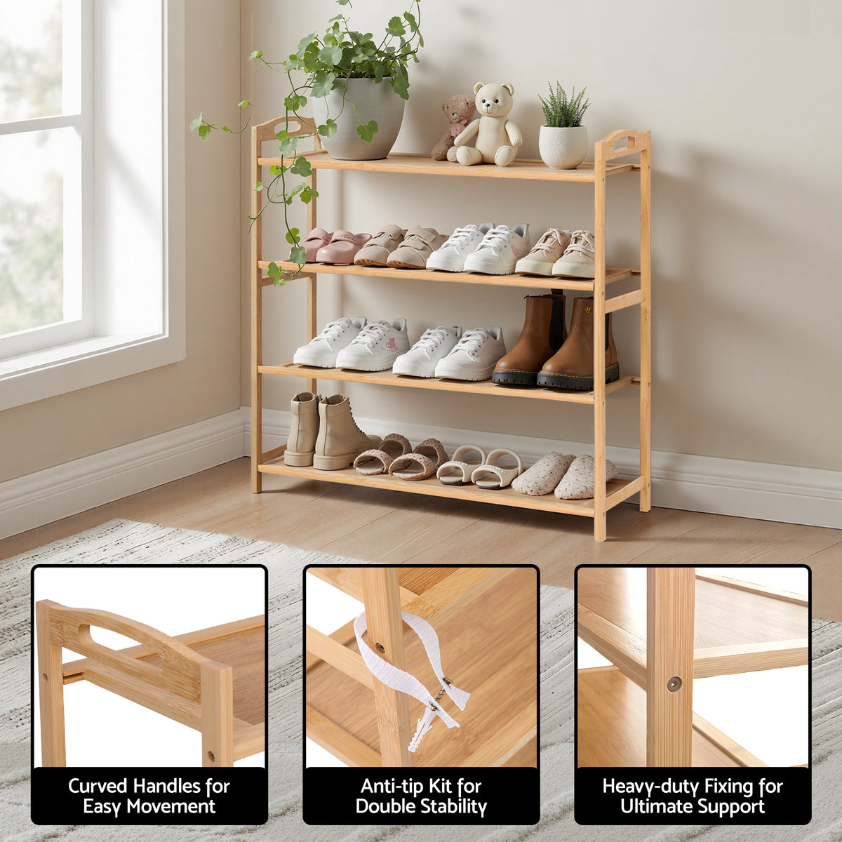 Artiss 4 Tier Shoe Rack Bamboo Storage Organiser Pine