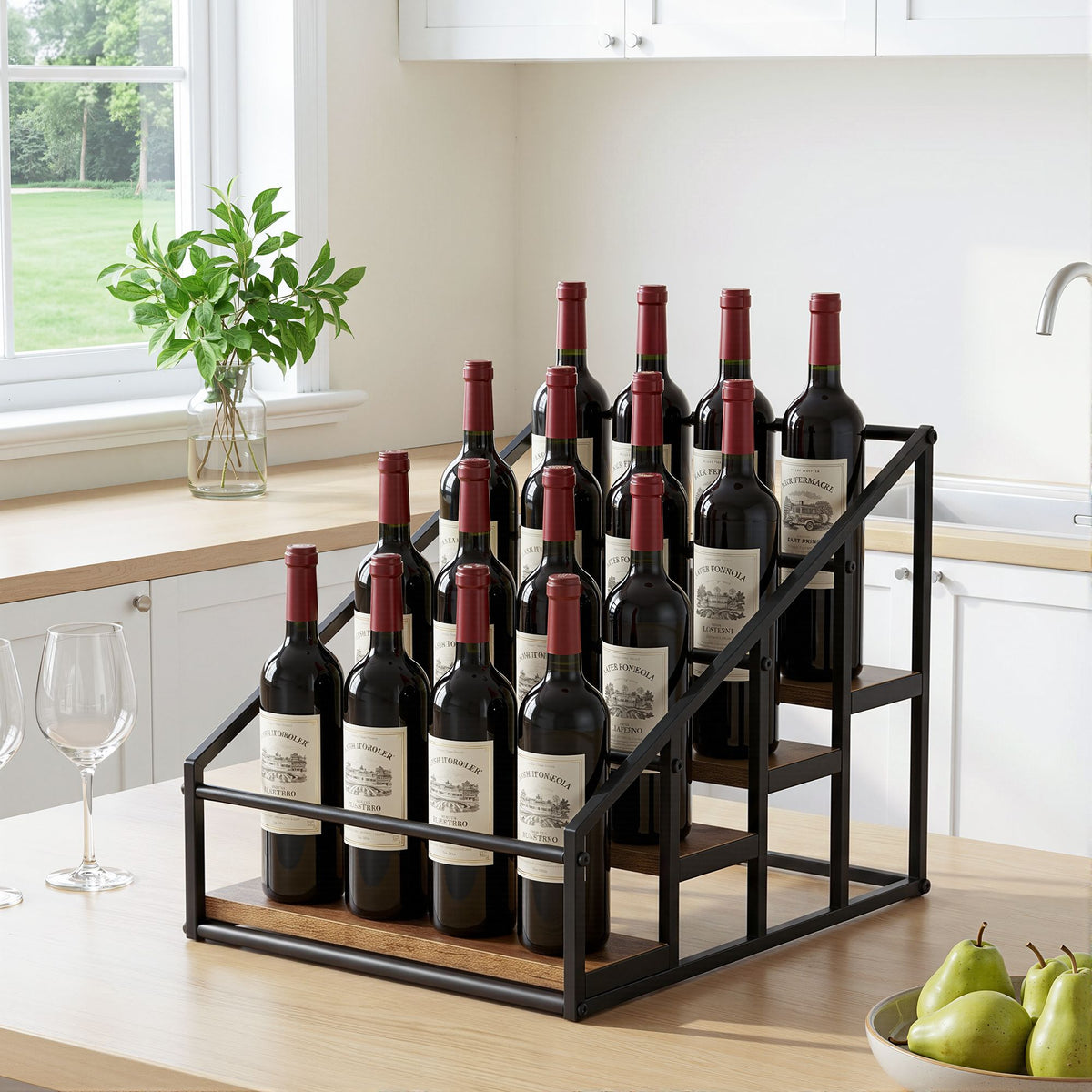 Artiss 4-Tier Wine Rack Tabletop Countertop Wine Bottle Holder 16 Bottles Freestanding Black &amp; Wood