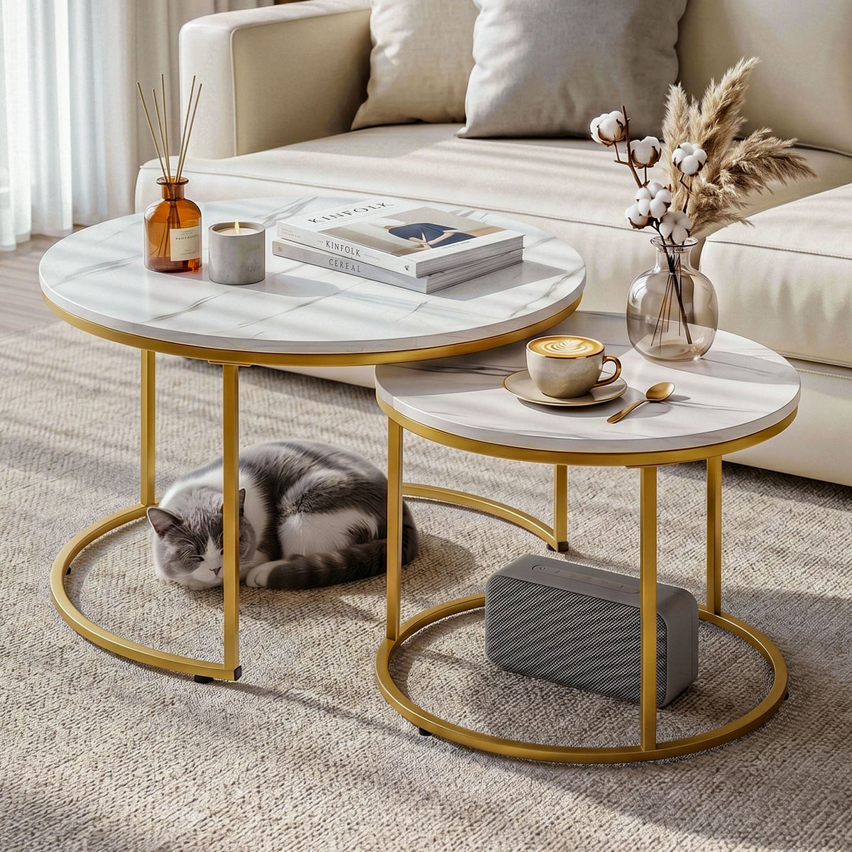 Artiss Nesting Coffee Table Set of 2 Round Marble Effect 70/50cm White &amp; Gold