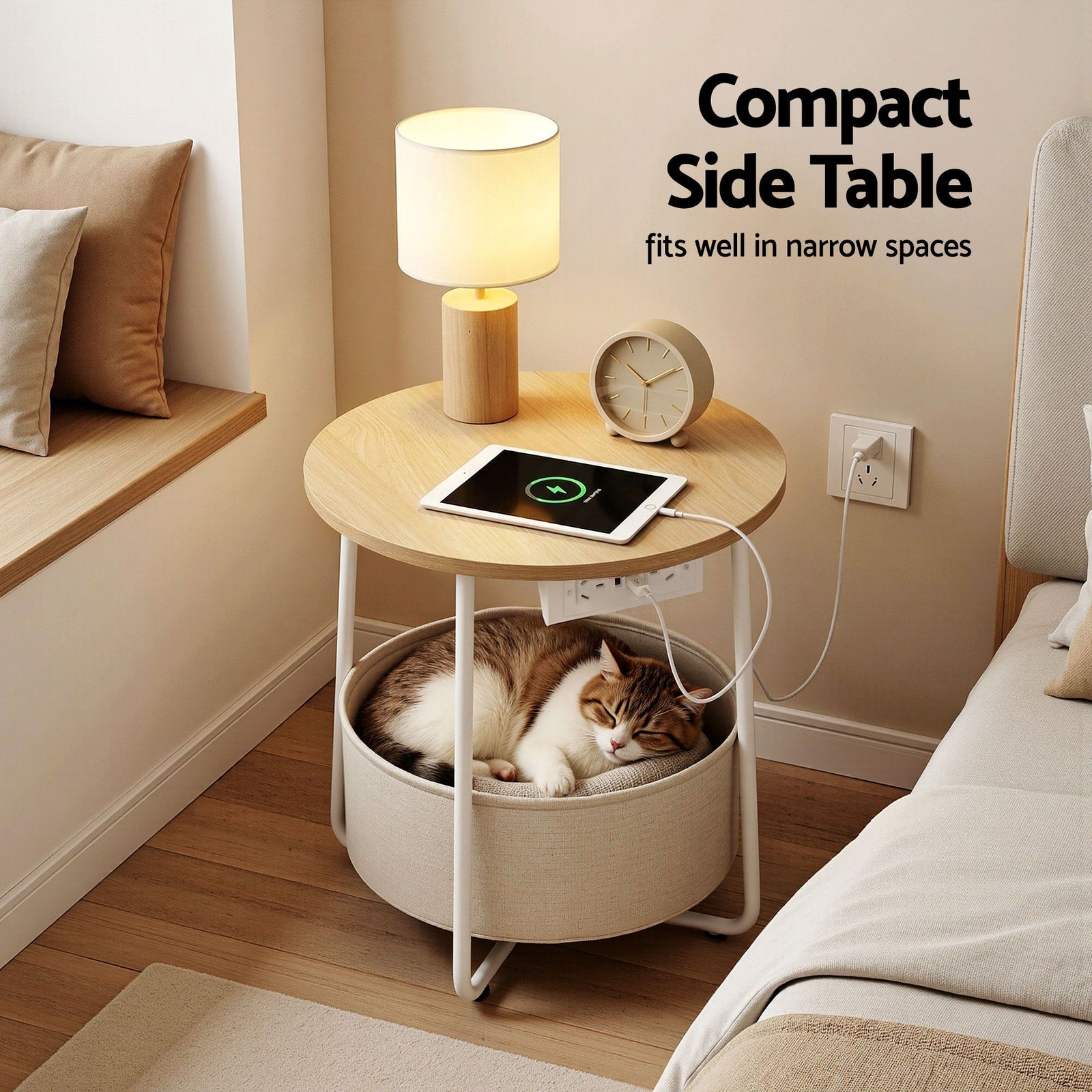Artiss Set of 2 Round Coffee Table Bedside Side End Table Charging Station Storage Basket