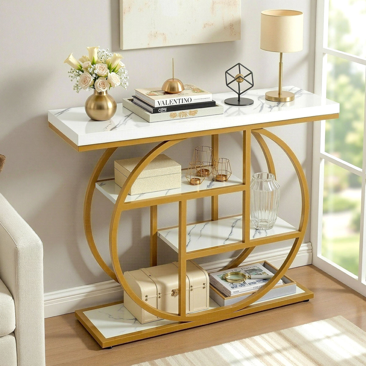 Artiss Console Table Marble Effect 4-Tier Shelves 105CM White&amp;Gold