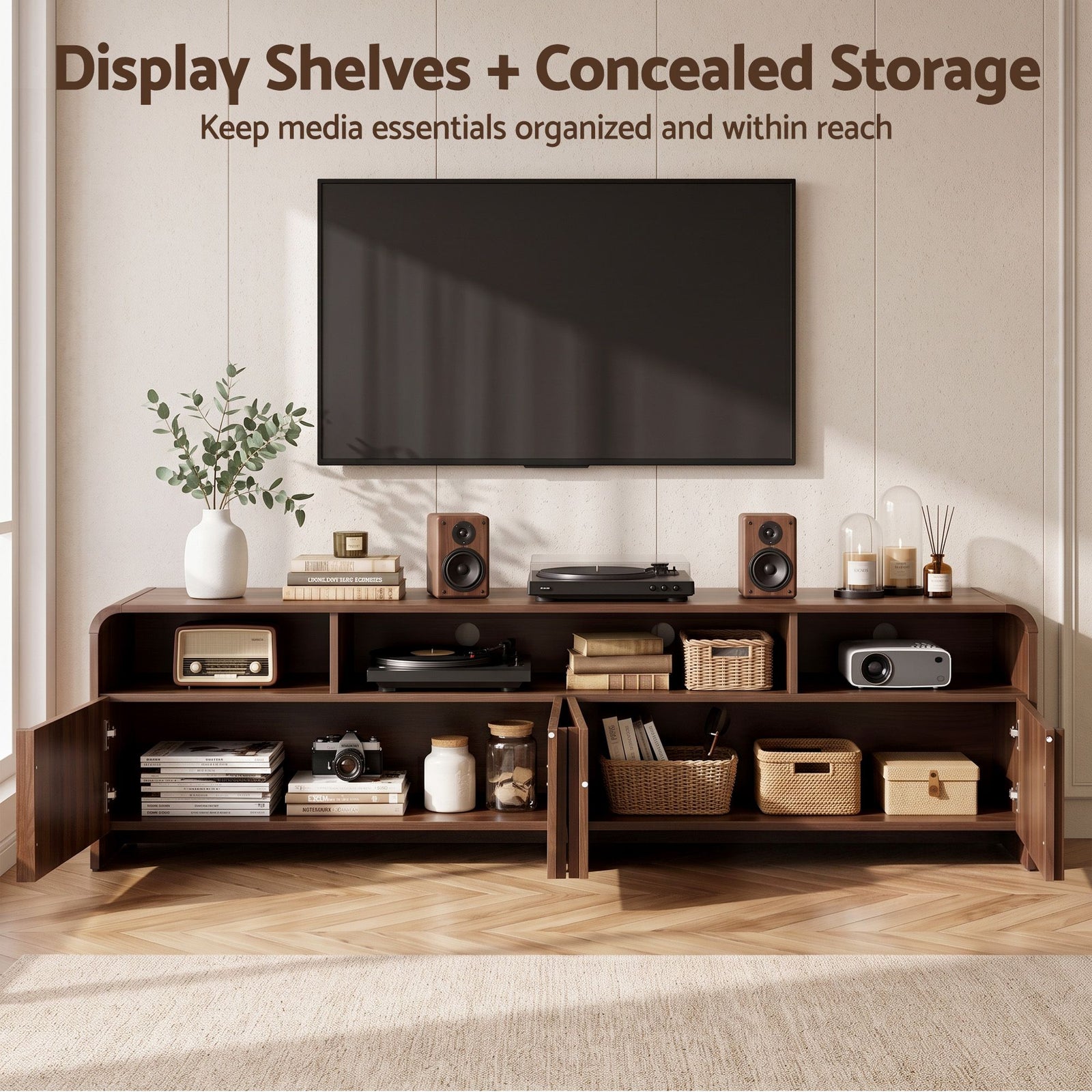 Artiss 180cm TV Unit Storage Cabinet Shelf Fluted Front Rounded Edge Anti-tip Kit Walnut