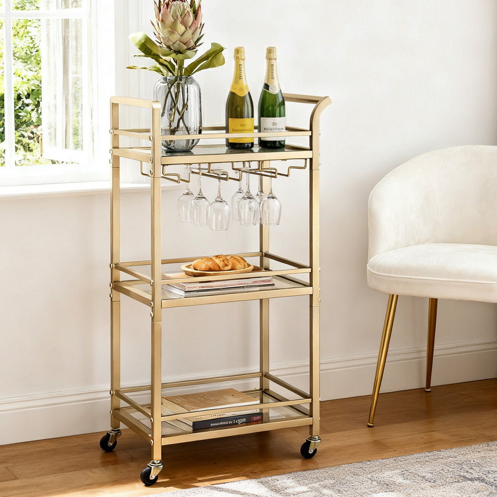 Artiss Kitchen Island Cart Trolley Rolling Serving Storage Wine Glass 43cm Gold