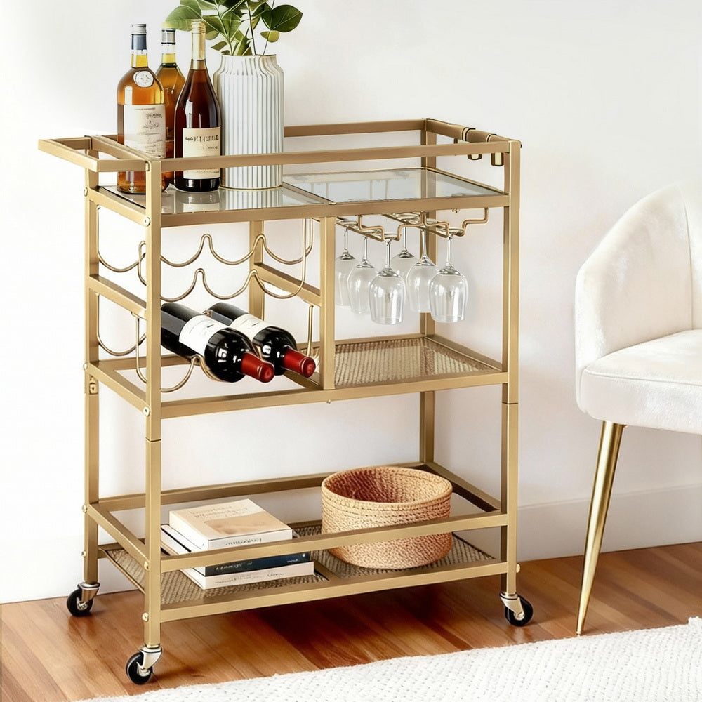 Artiss Bar Cart Drinks Trolley Serving Wine Rack Glass Holder 3 Hooks 72cm Gold