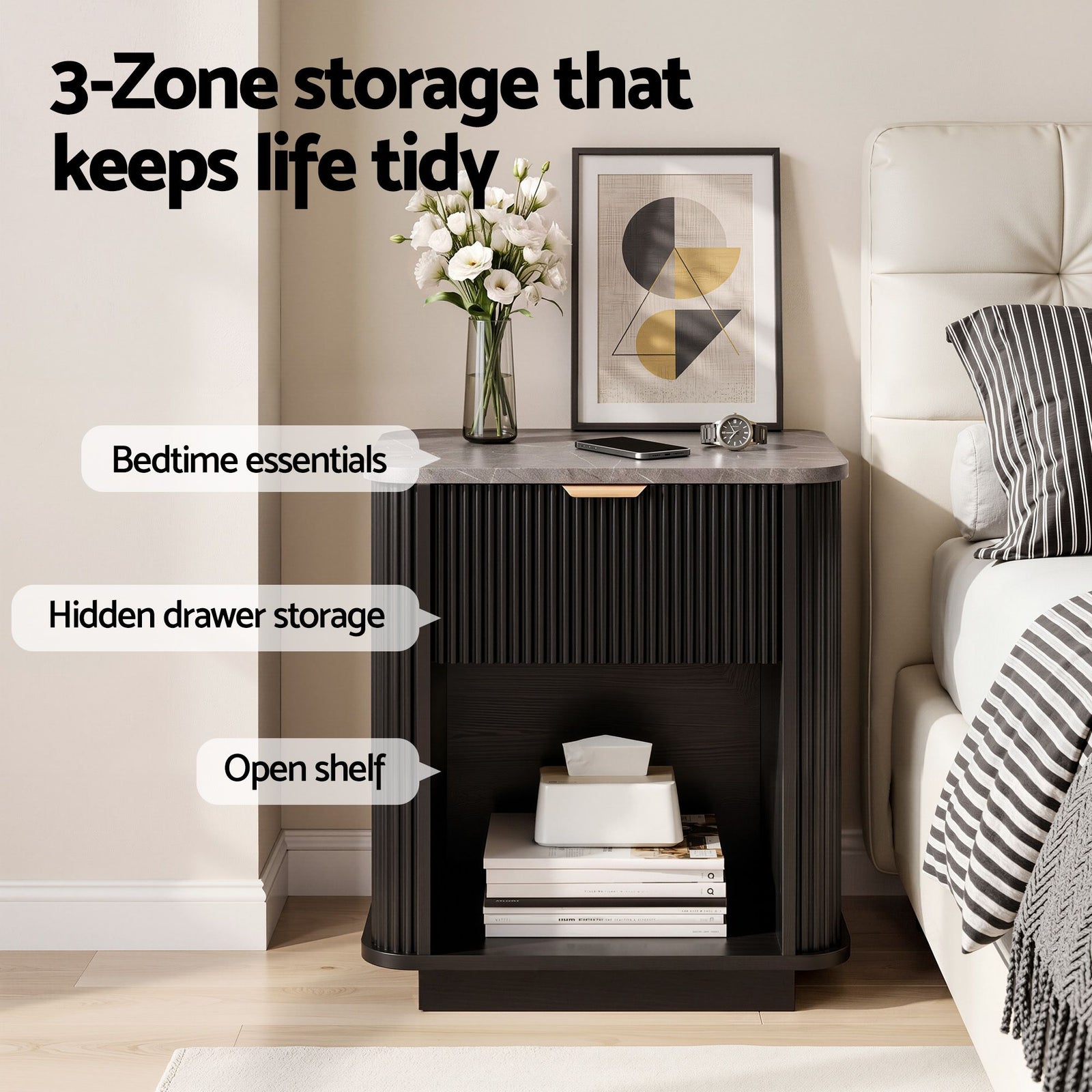 Artiss Bedside Table with 1 Drawer Side Table Black Nightstand