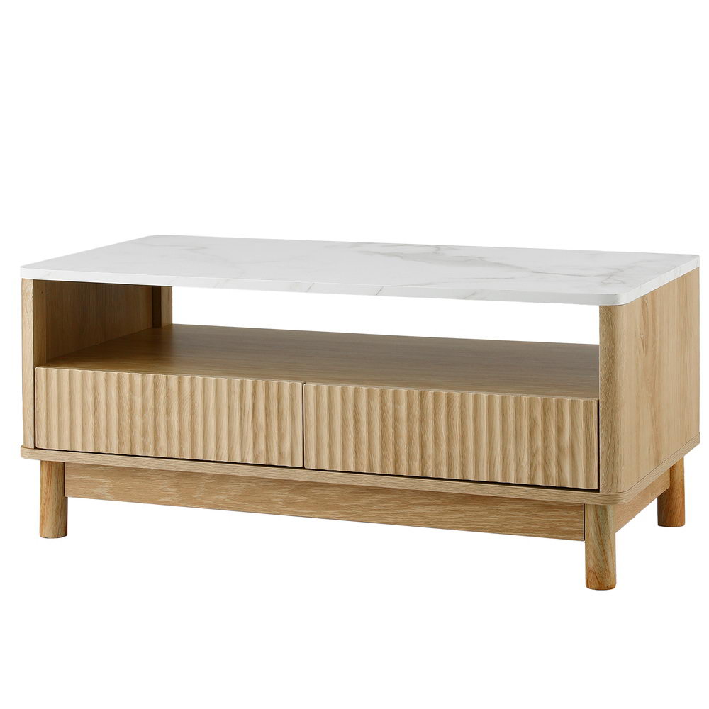Artiss Coffee Table Drawer Shelf Marble Effect Wood&amp;White