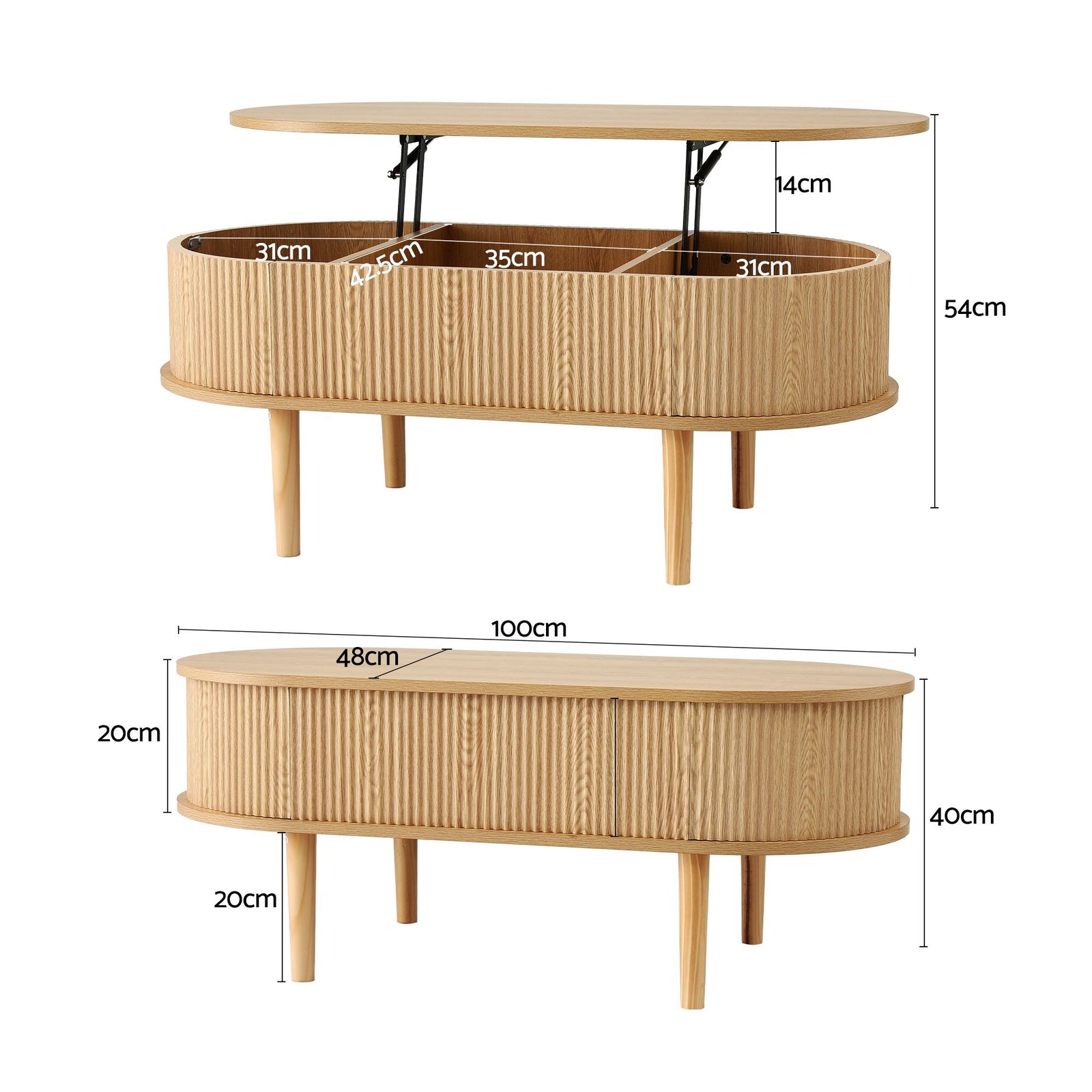 Artiss Lift Top Coffee Table Fluted Centre Table with Hidden Storage Oval 100cm