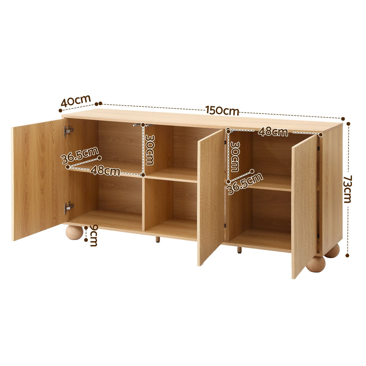 Artiss Buffet Sideboard Cabinet 2-Tier Fluted Kitchen Storage Ball Legs Pine