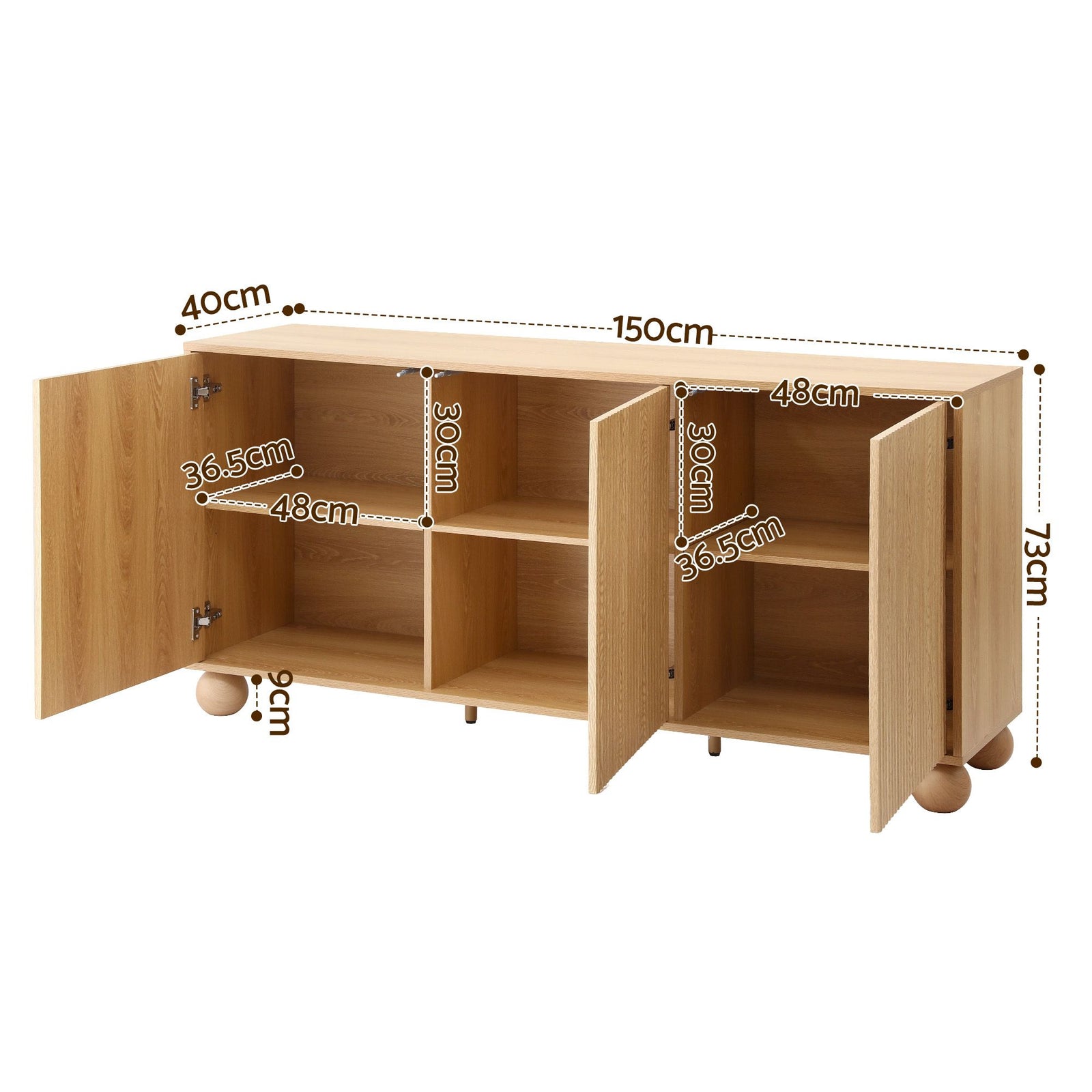 Artiss Buffet Sideboard Cabinet 2-Tier Fluted Kitchen Storage Ball Legs Pine