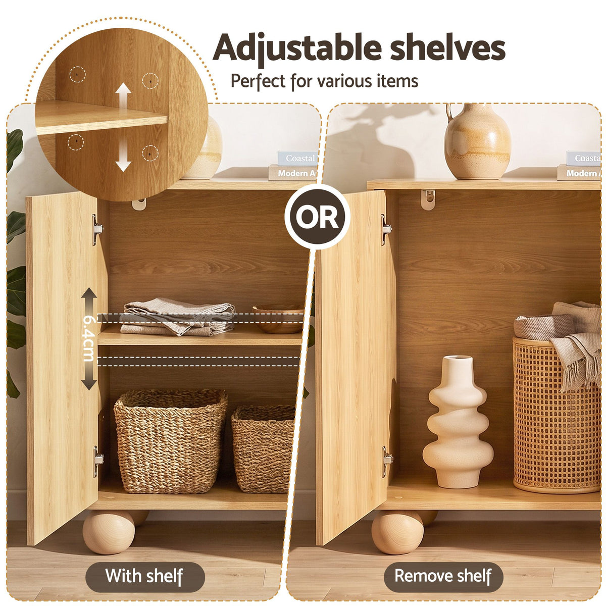 Artiss Buffet Sideboard Cabinet 2-Tier Fluted Kitchen Storage Ball Legs Pine