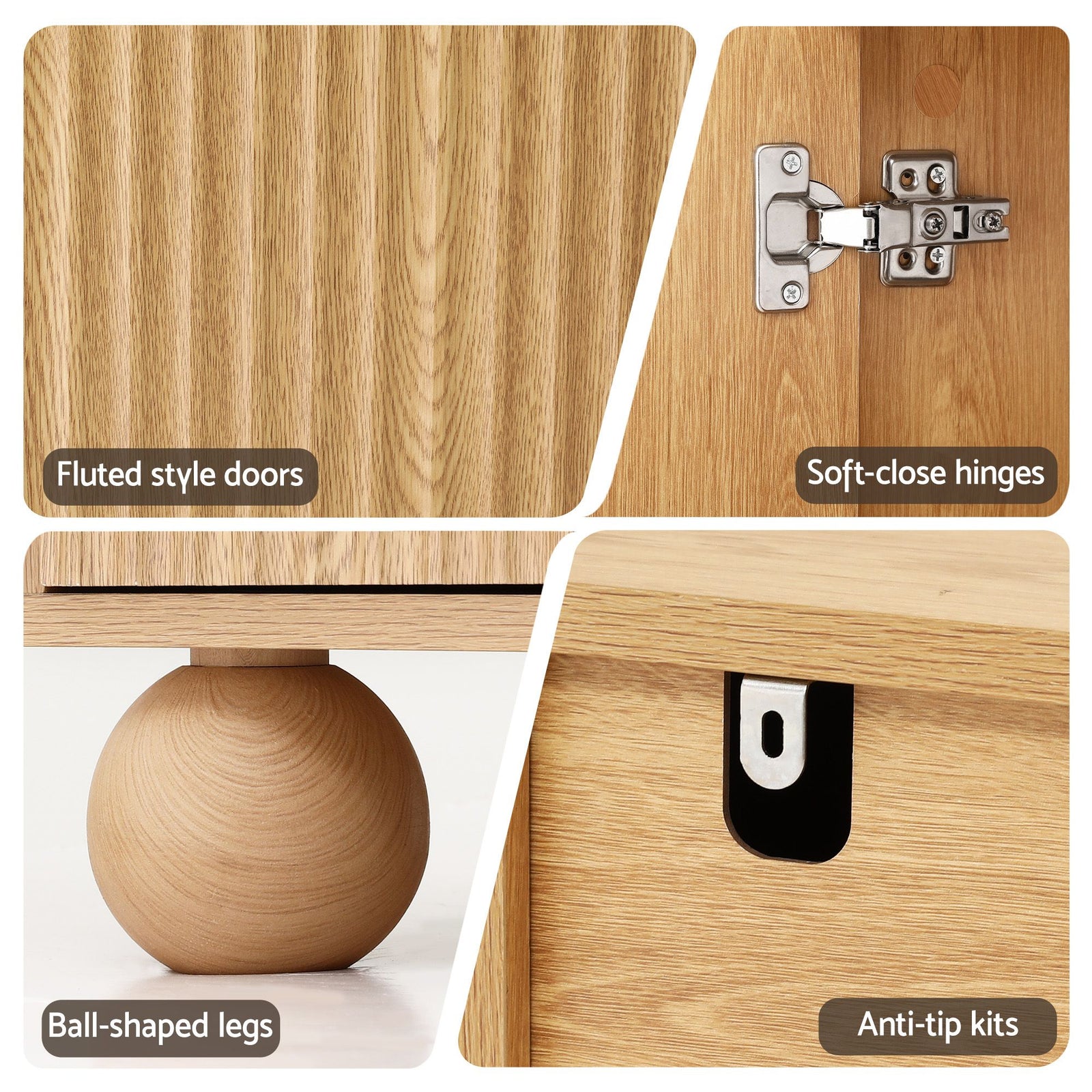 Artiss Buffet Sideboard Cabinet 2-Tier Fluted Kitchen Storage Ball Legs Pine