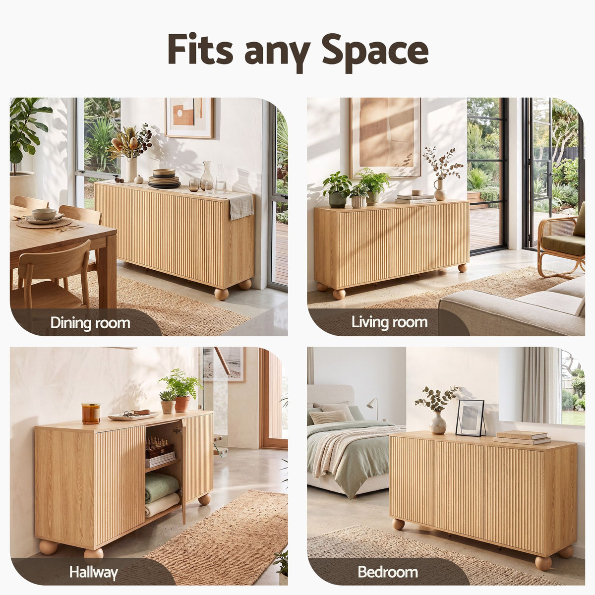 Artiss Buffet Sideboard Cabinet 2-Tier Fluted Kitchen Storage Ball Legs Pine