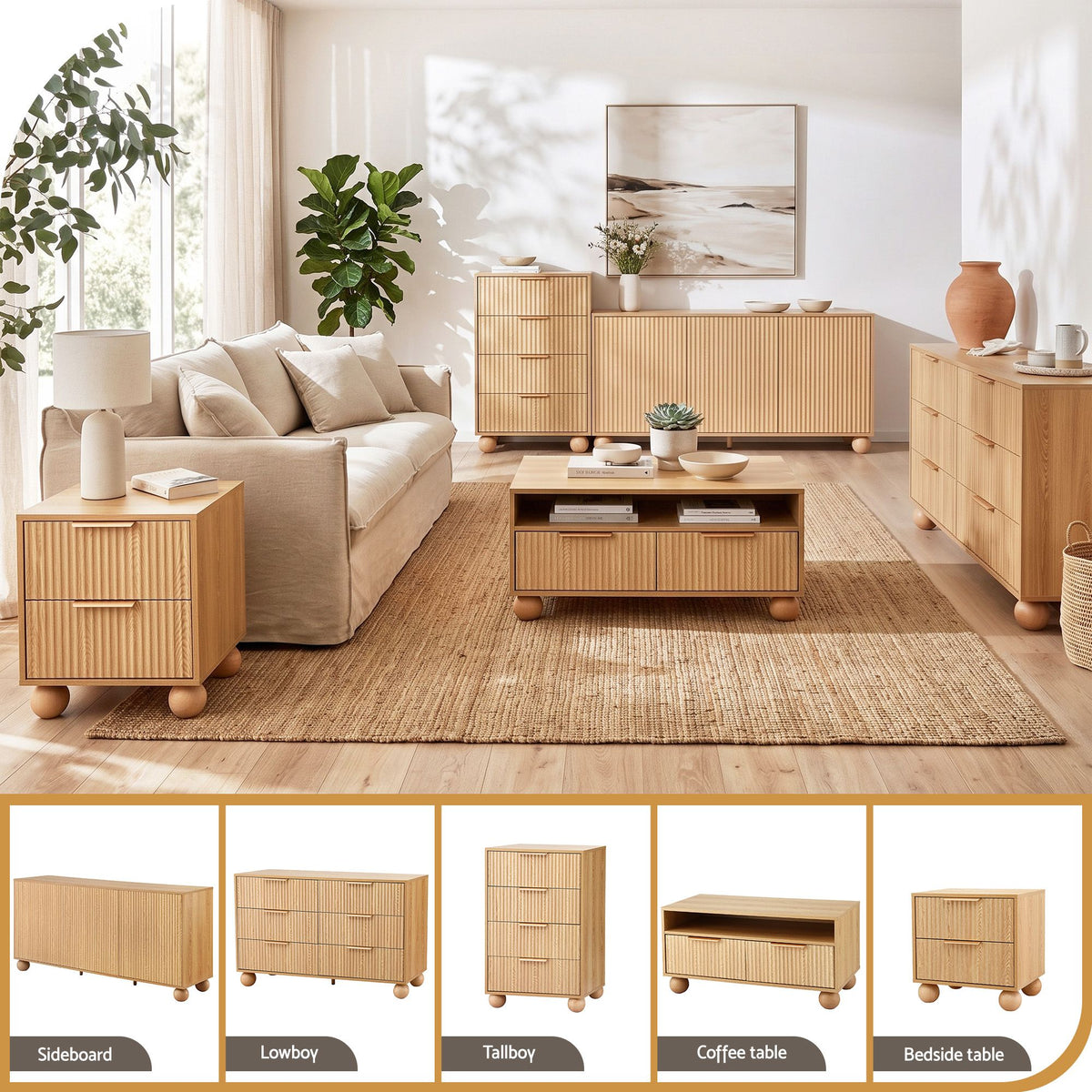 Artiss Buffet Sideboard Cabinet 2-Tier Fluted Kitchen Storage Ball Legs Pine