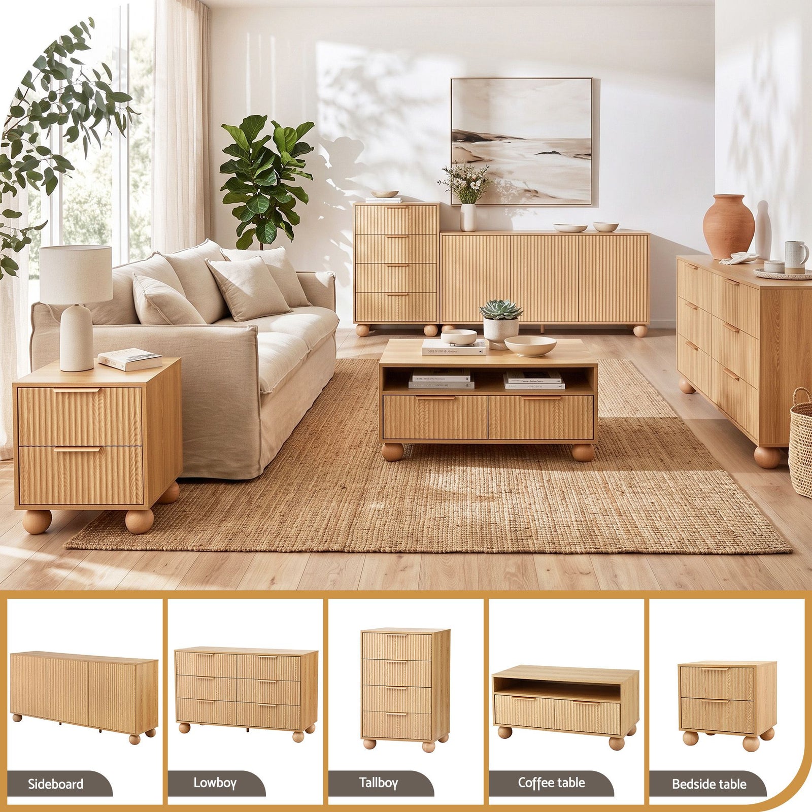 Artiss Buffet Sideboard Cabinet 2-Tier Fluted Kitchen Storage Ball Legs Pine