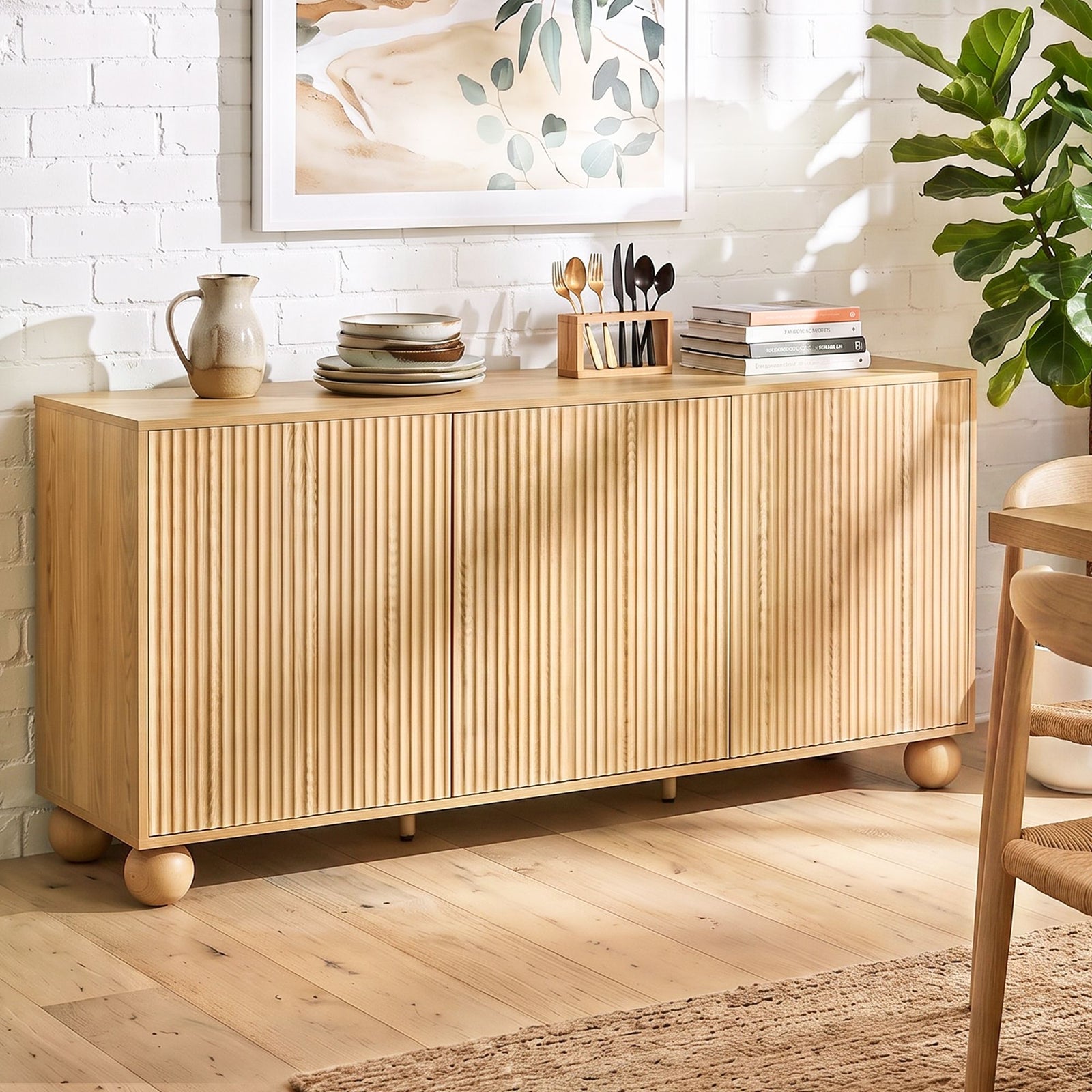 Artiss Buffet Sideboard Cabinet 2-Tier Fluted Kitchen Storage Ball Legs Pine