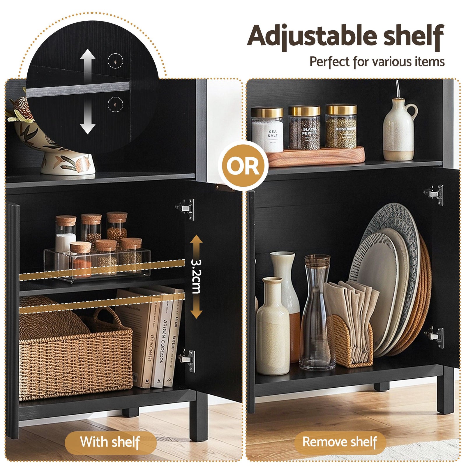 Artiss Buffet Sideboard Cabinet Pantry 180CM Arched Storage Bookshelf Black