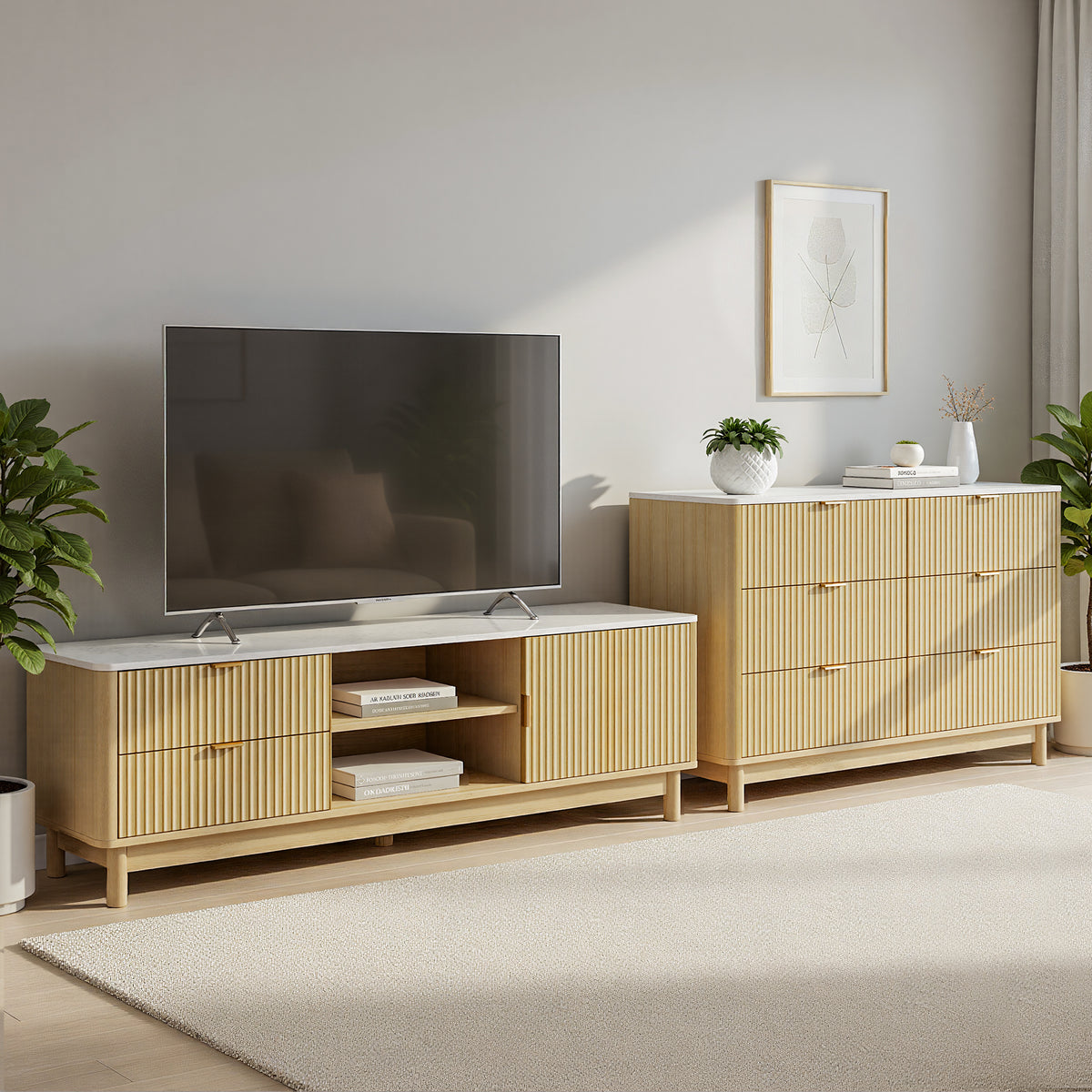 Artiss TV Unit &amp; Chest of Drawers Set Solid Wood Legs Pine