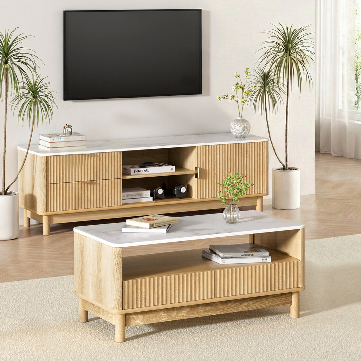 Artiss TV Unit &amp; Coffee Table Set Storage Drawers Pine