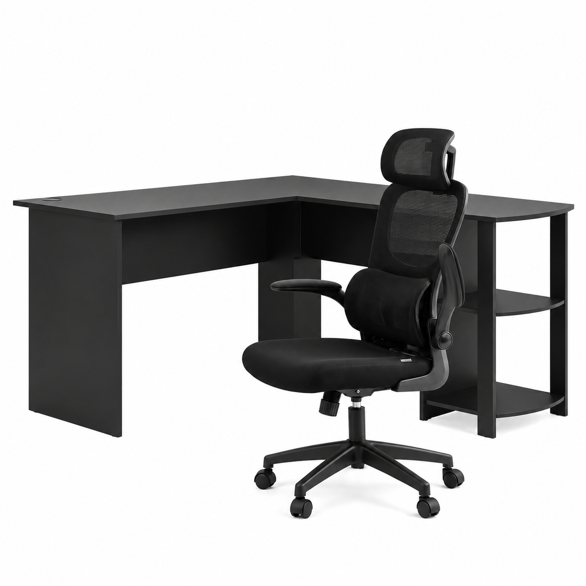 Artiss Office Desk and Chair Set L Shaped Computer Desk 136cm with 2 Tier Storage Shelves, Ergonomic Mesh Office Chair with Adjustable Headrest, Flip-Up Armrests &amp; Lumbar Support