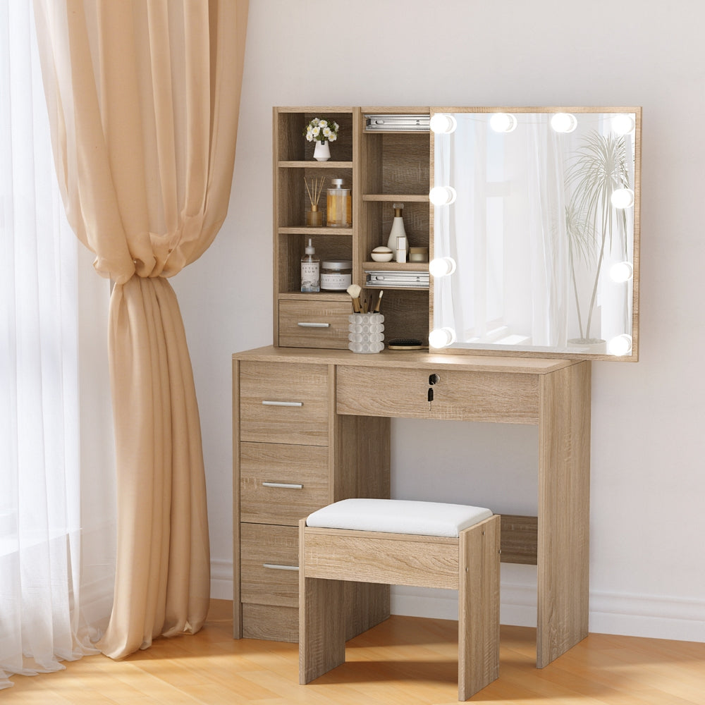 Artiss Dressing Table Set Stool 10 Led Bulbs Wood