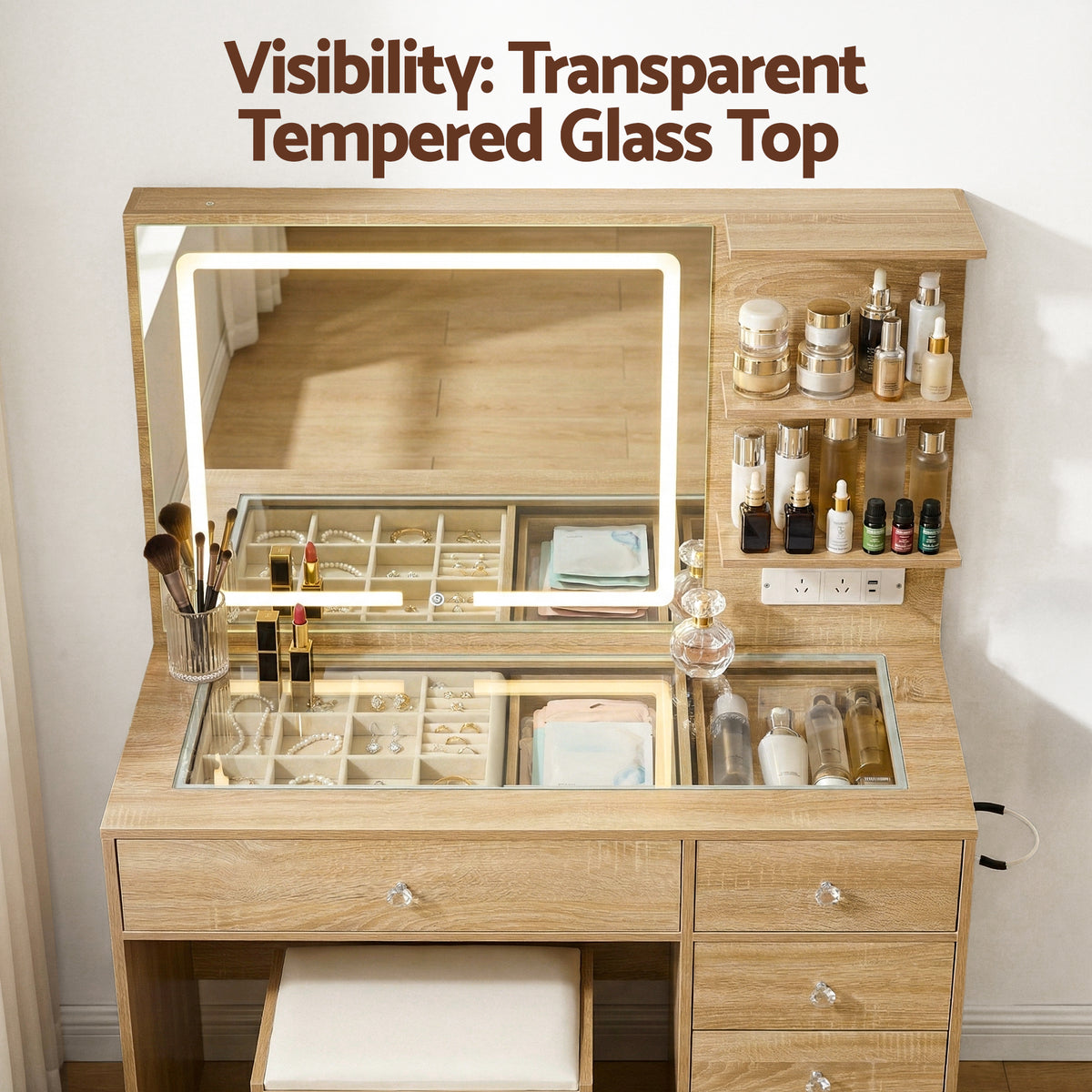 Artiss Dressing Table LED Vanity Desk Set Stool Wood