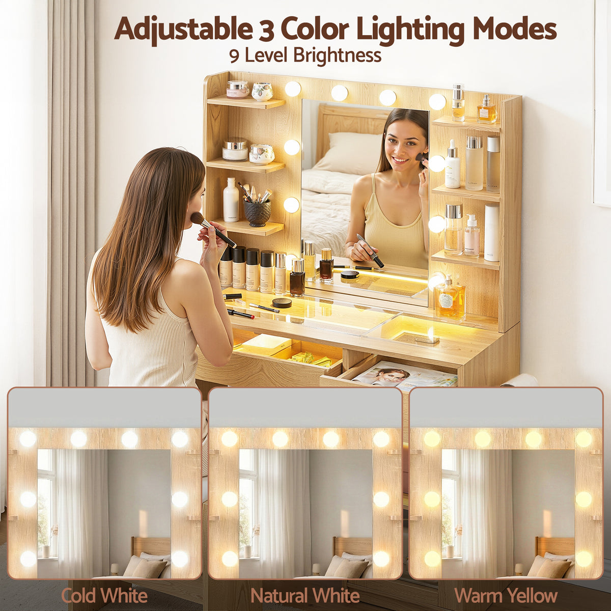 Artiss Dressing Table Vanity Desk Set 10 LED Bulbs RGB Light Wood