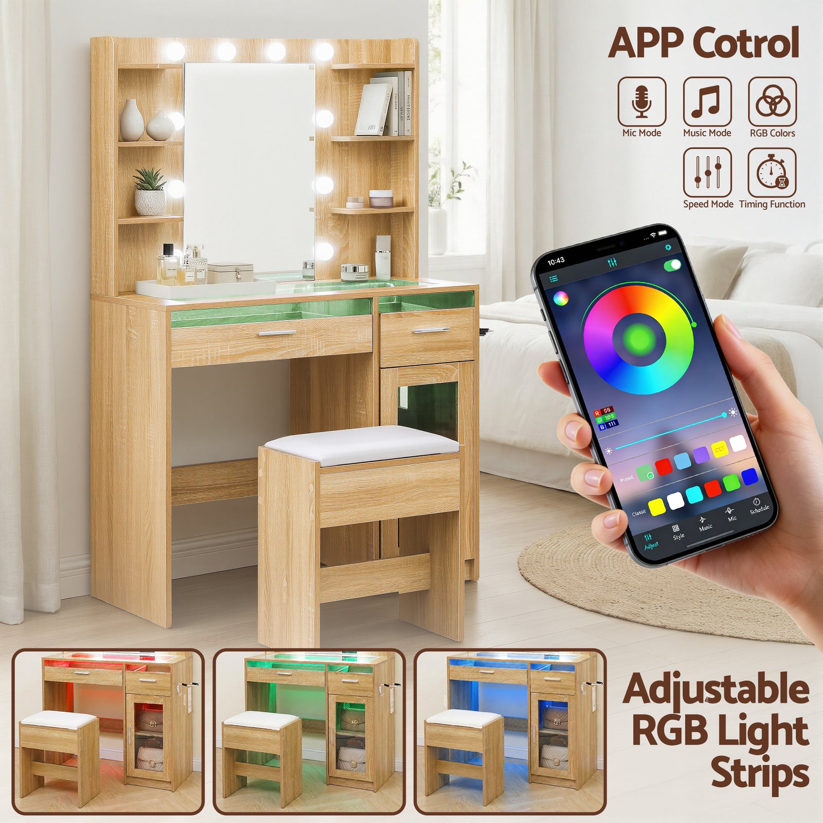 Artiss Dressing Table Vanity Desk Set 10 LED Bulbs RGB Light Wood