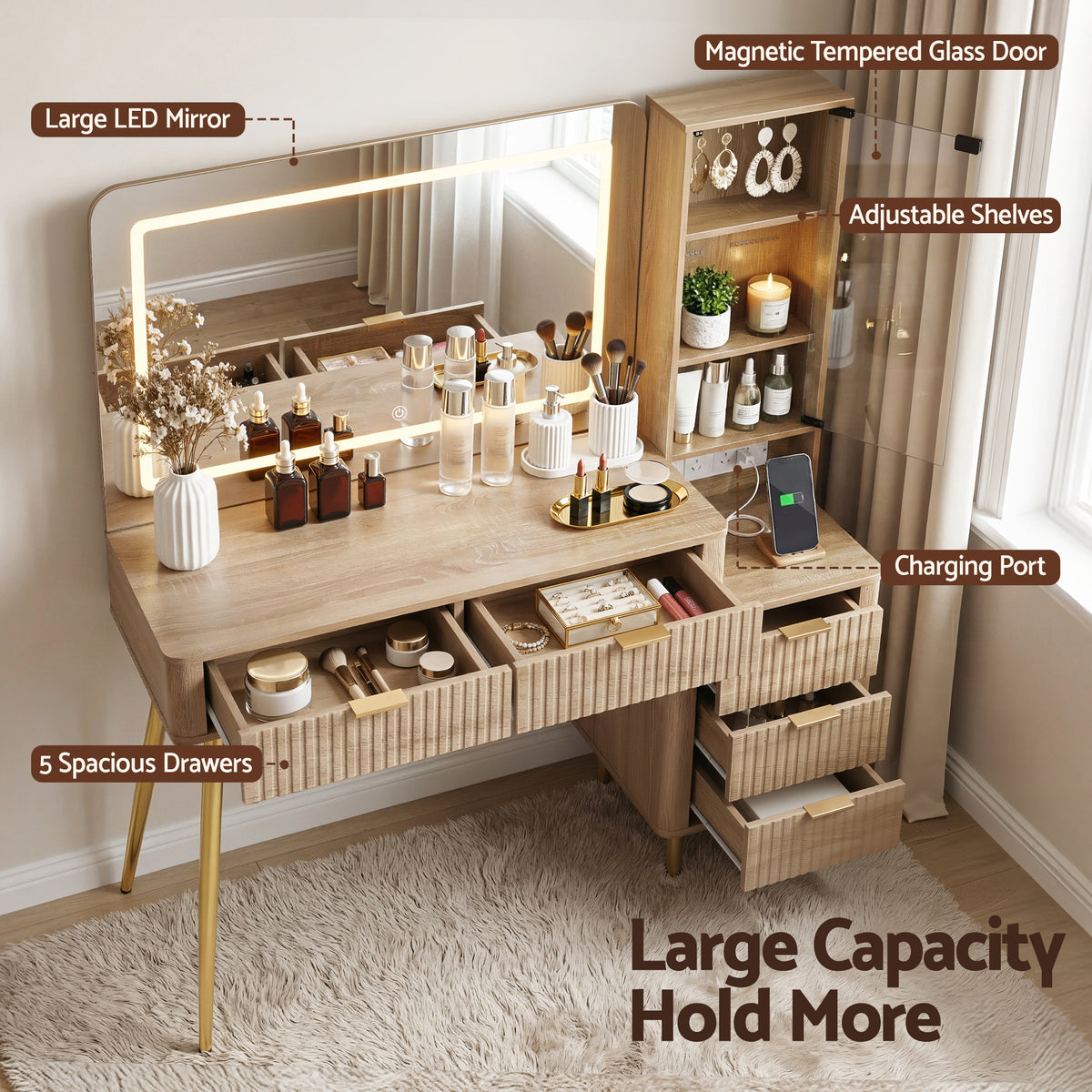 Artiss Dressing Table LED Vanity Desk Charging Station Wood