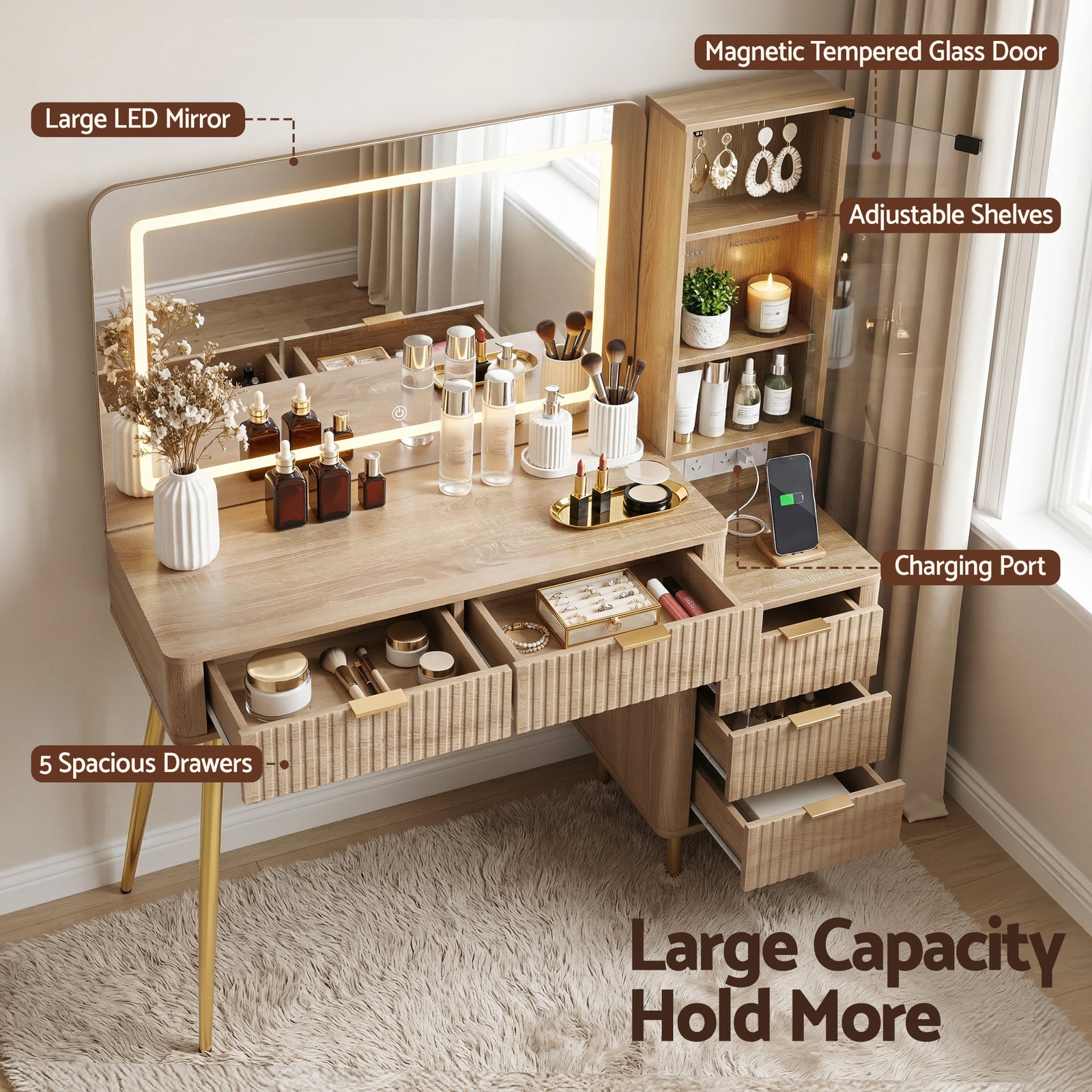 Artiss Dressing Table LED Vanity Desk Charging Station Wood