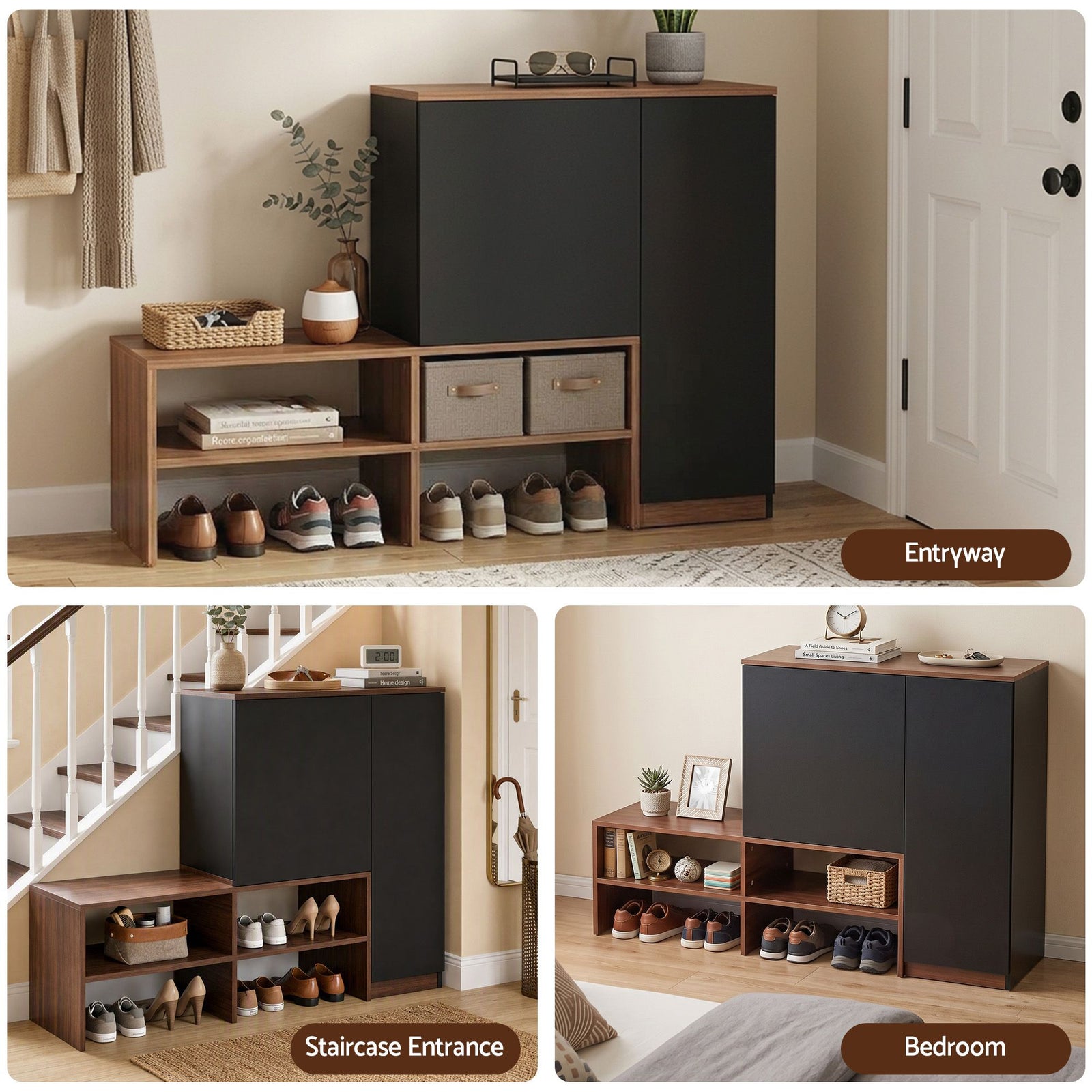 Artiss 2-IN-1 Shoe Cabinet Bench w/ Adjustable Shelf Hallway Walnut & Black