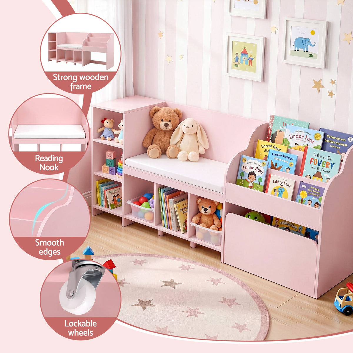 Keezi Kids Storage Unit Bookshelf Toy Box Organiser Bench Seat Cabinet 170cm Pink