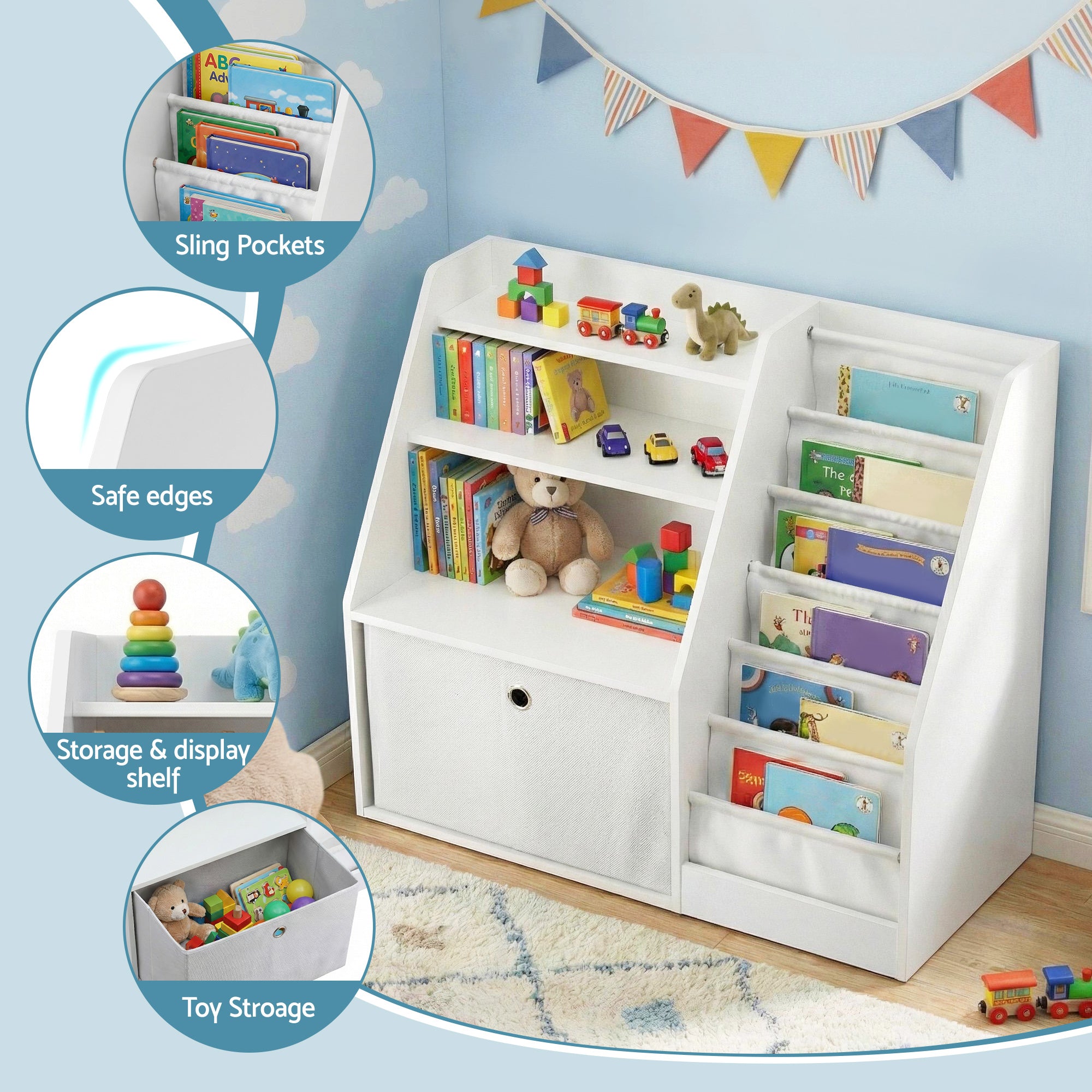 Keezi Kids Bookshelf Children Bookcase Organizer Storage Rack Display Drawer White