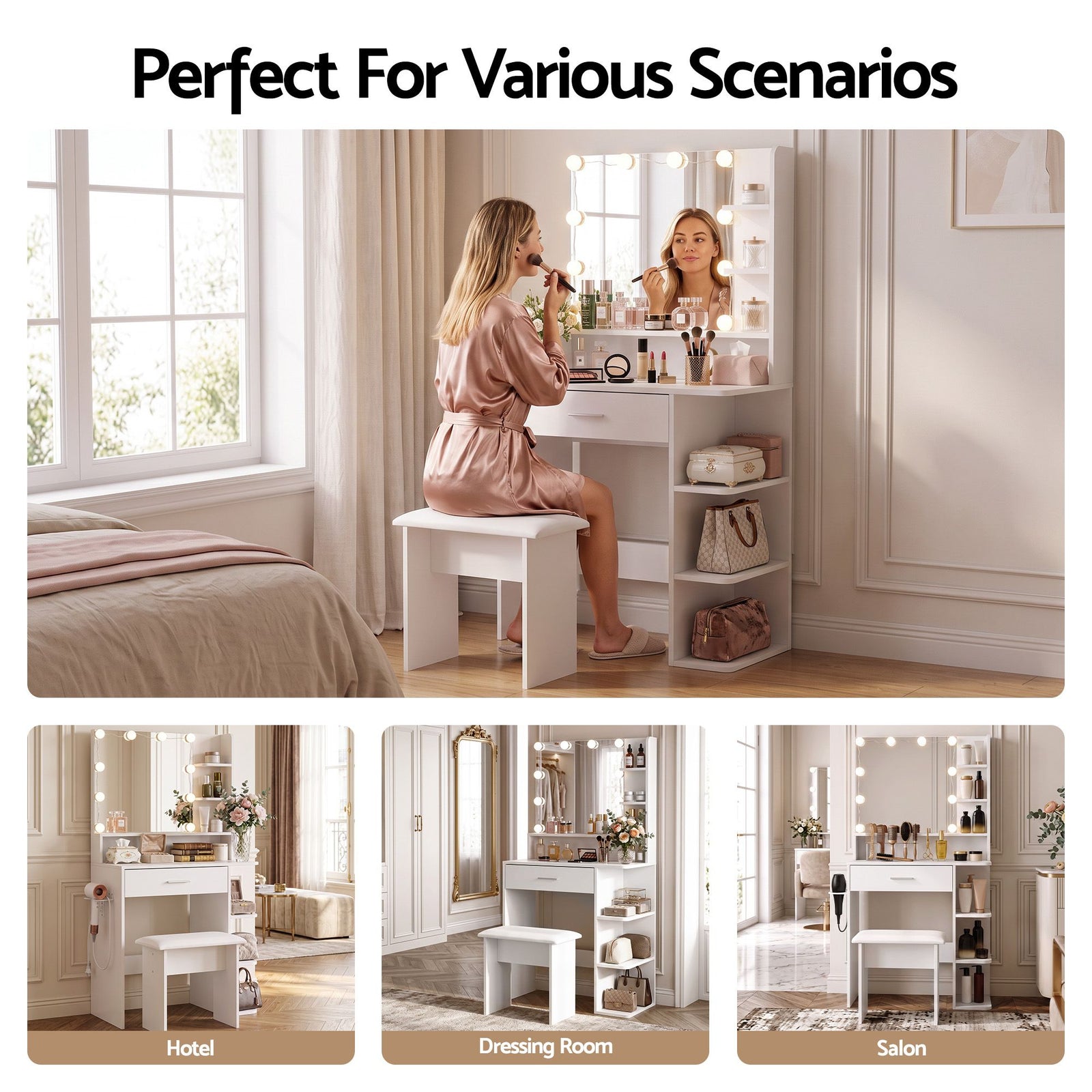 Artiss Dressing Table Vanity Desk LED Mirror Stool Storage Power Outlet Hairdryer Holder White