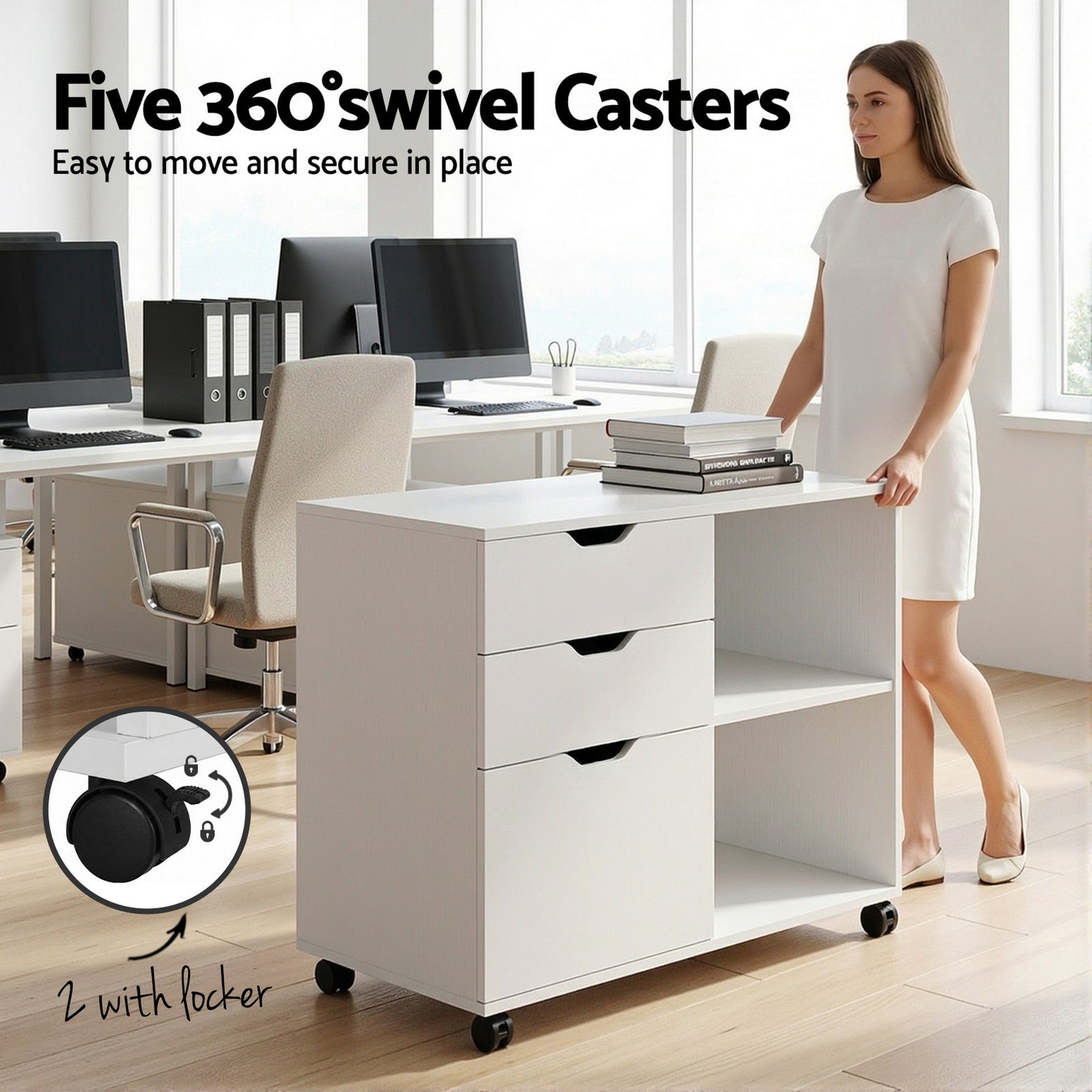 Artiss 3 Drawer Mobile Filing Cabinet Printer Stand Cabinet Home Office Storage White