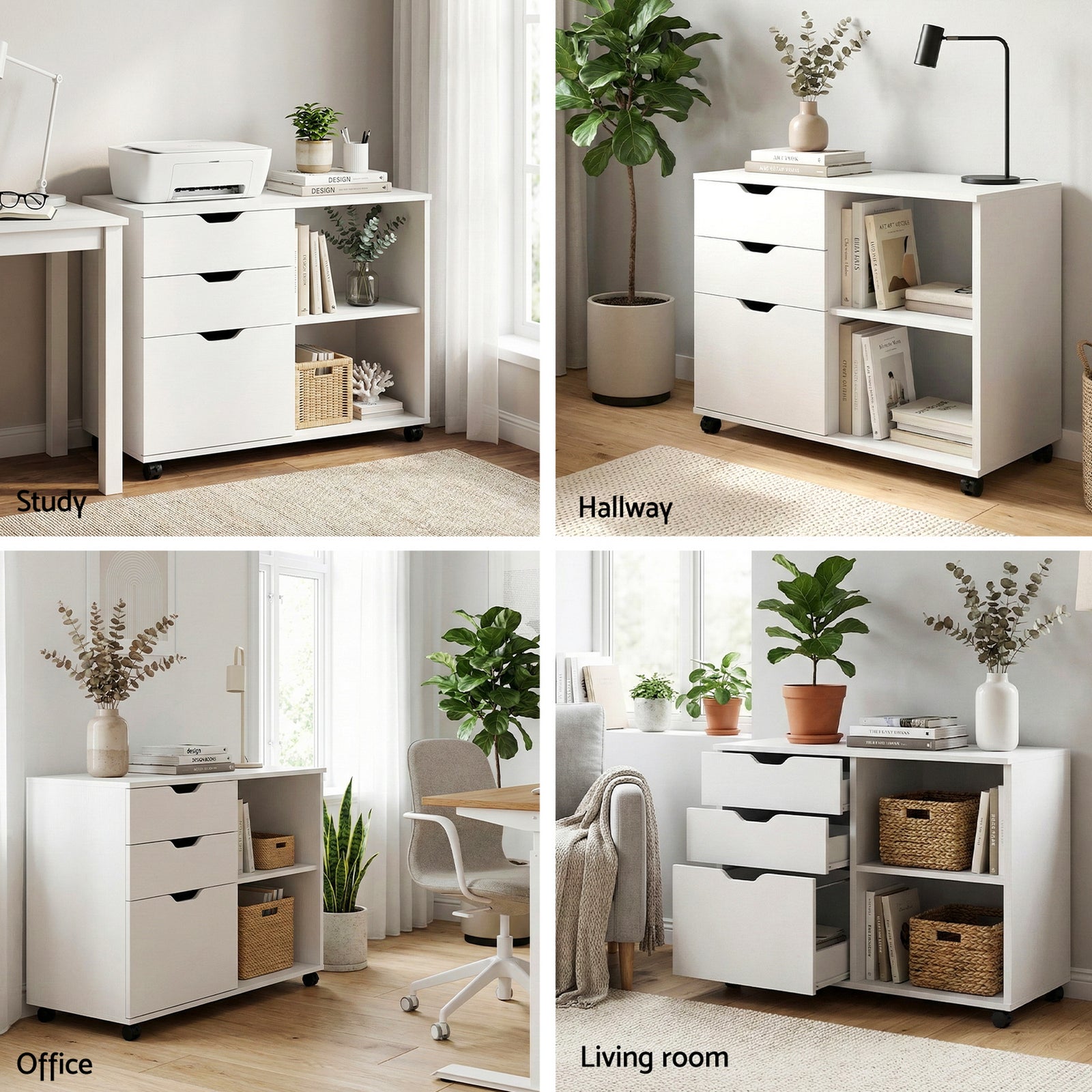 Artiss 3 Drawer Mobile Filing Cabinet Printer Stand Cabinet Home Office Storage White