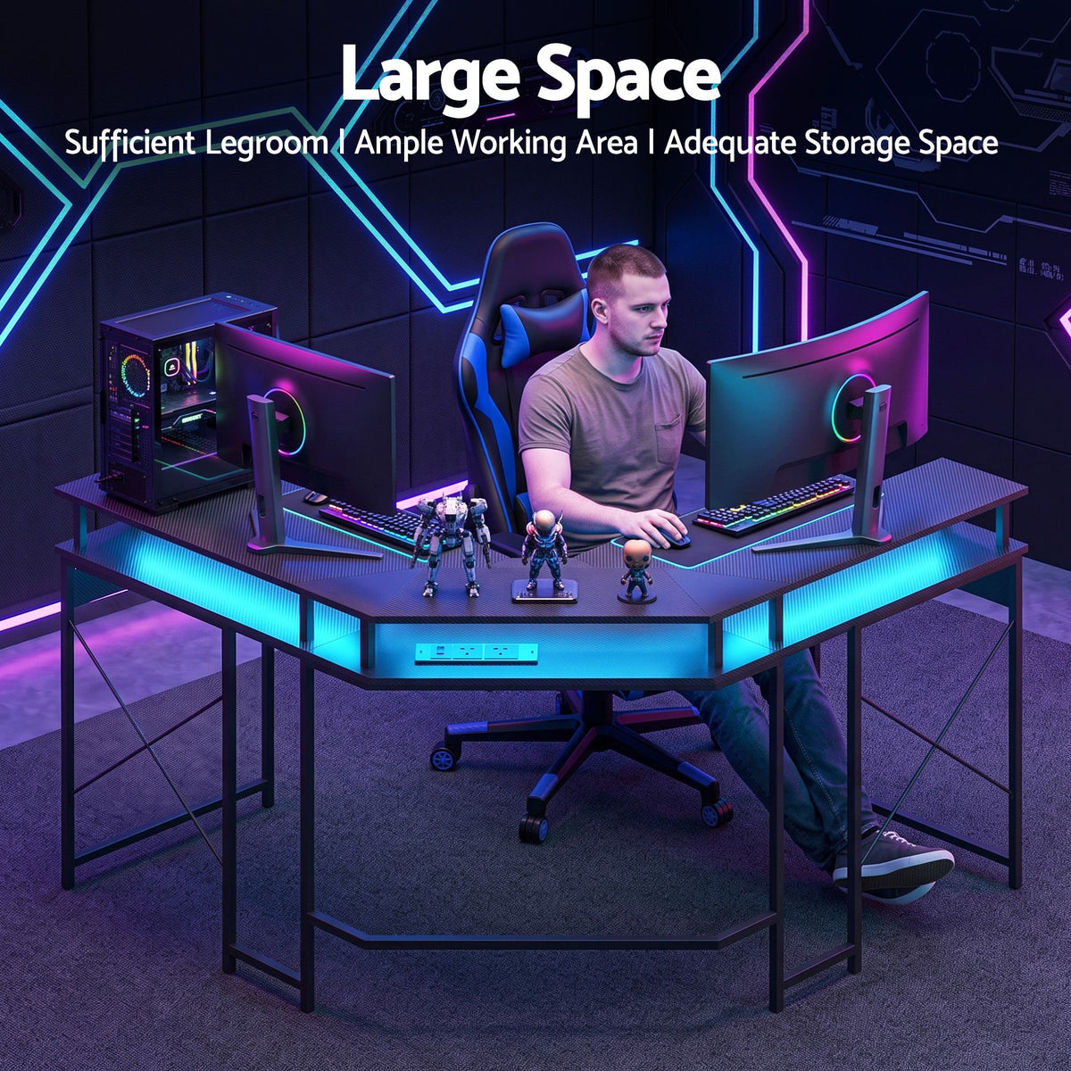 Artiss L-Shape Gaming Desk Computer Desks RGB LED Power Outlet 130cm Black