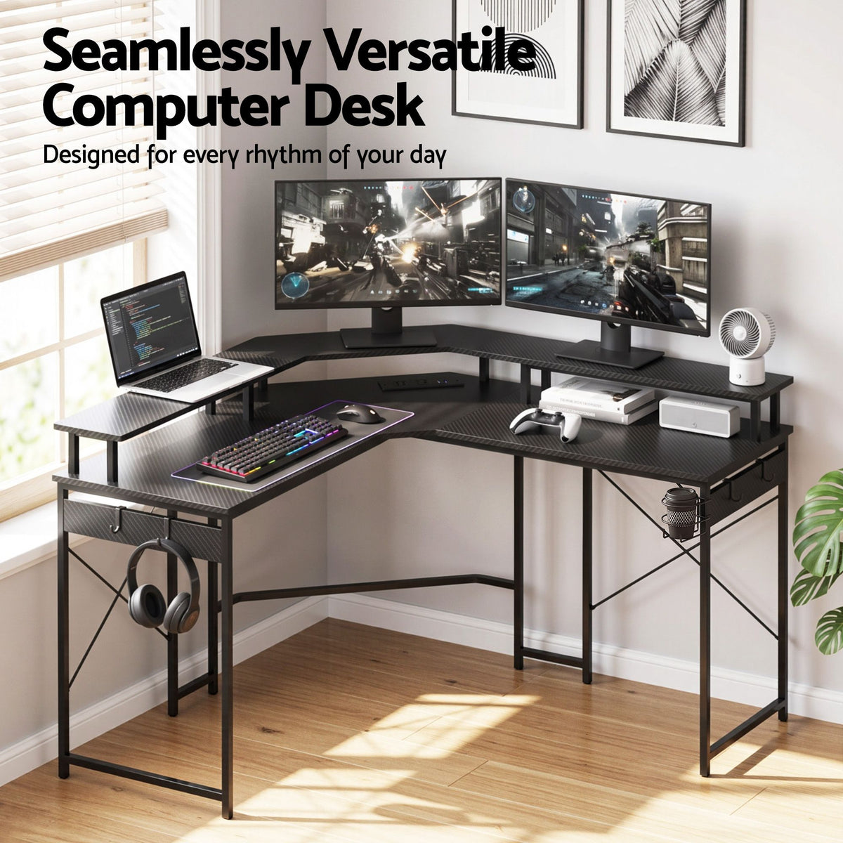 Artiss L-Shape Gaming Desk Computer Desks RGB LED Power Outlet 130cm Black