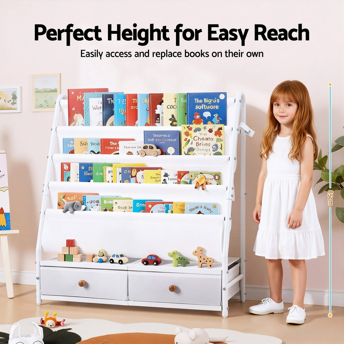 Keezi Kids Bookshelf Metal Storage Rack Toy Organiser Display Shelf Drawer White