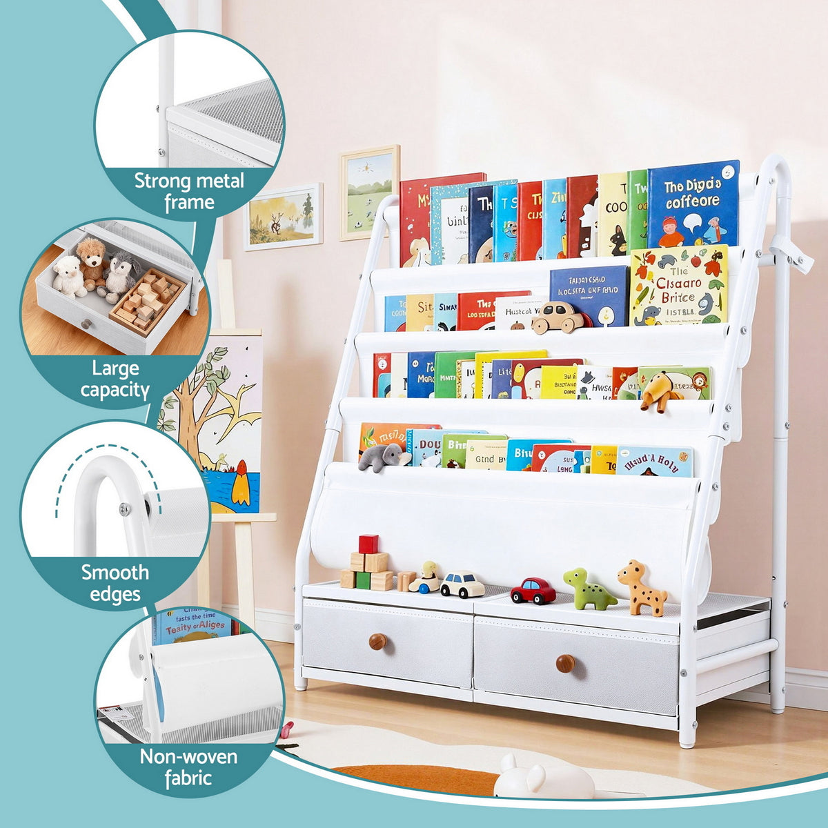 Keezi Kids Bookshelf Metal Storage Rack Toy Organiser Display Shelf Drawer White