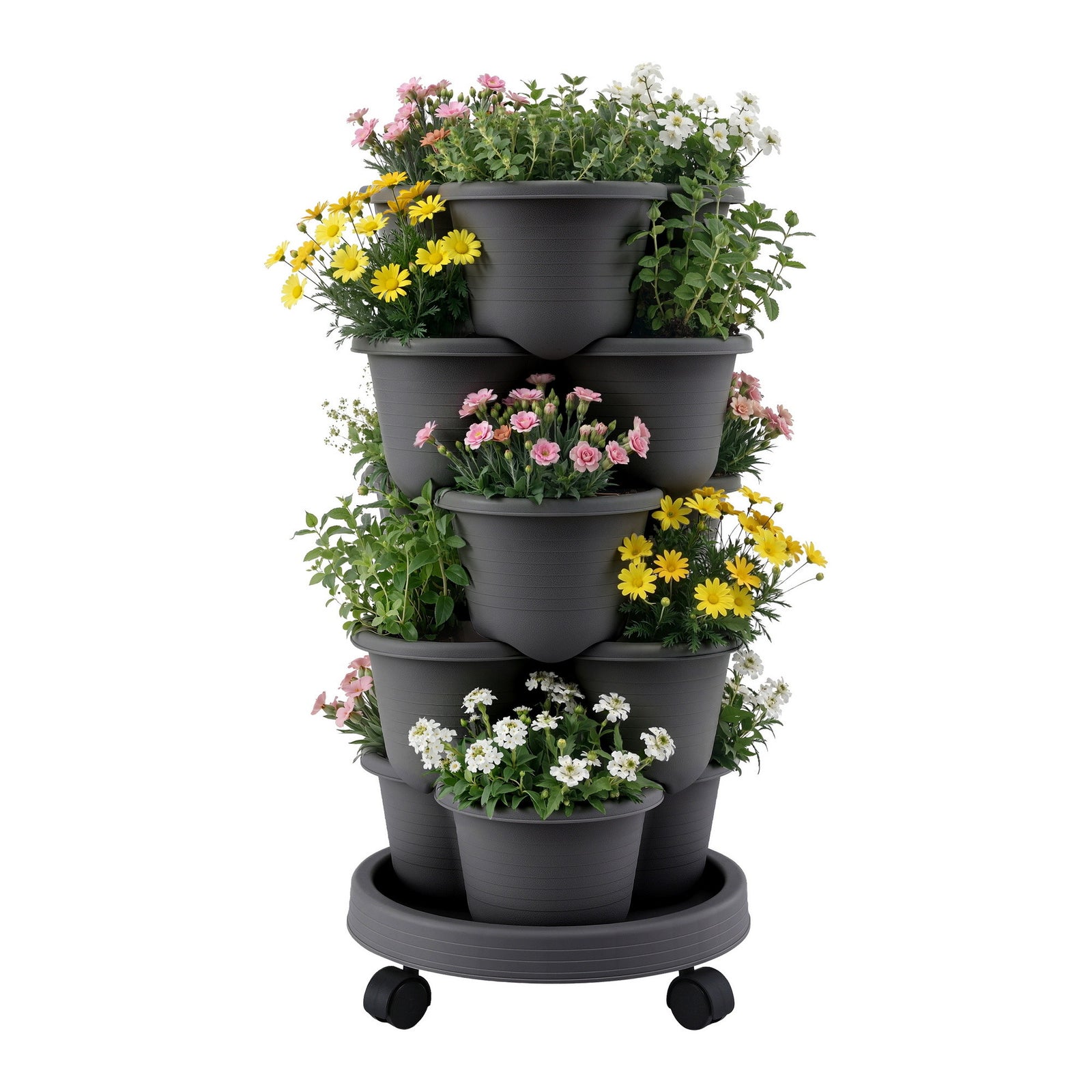 Green Fingers 5 Tier Vertical Garden Planter, Stackable Planters with 4 Wheels, Black, Raised Garden Bed, Garden Tower Indoor Outdoor, Auto Drainage System, for Strawberries, Herbs, Flower, Vegetables