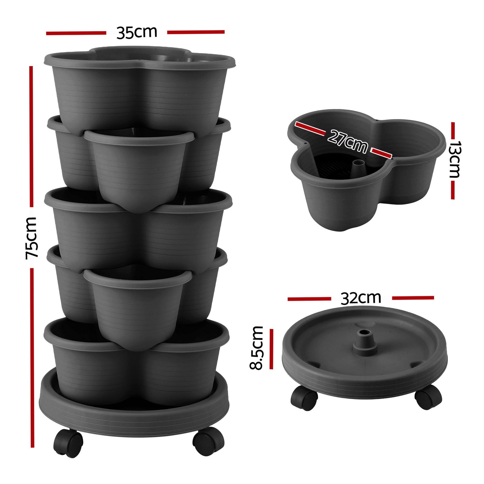 Green Fingers 5 Tier Vertical Garden Planter, Stackable Planters with 4 Wheels, Black, Raised Garden Bed, Garden Tower Indoor Outdoor, Auto Drainage System, for Strawberries, Herbs, Flower, Vegetables