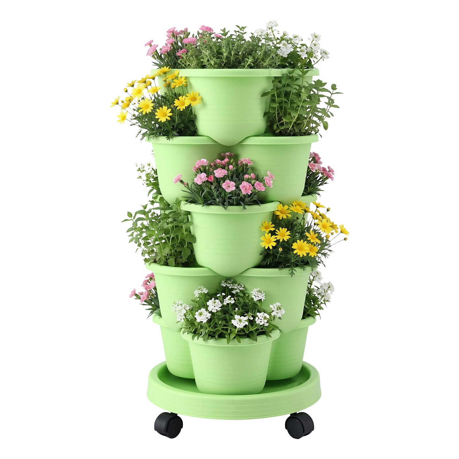 Green Fingers 5 Tier Vertical Garden Planter, Stackable Planters with Wheels, Light Green, Garden Bed, Garden Tower Indoor Outdoor, Auto Drainage System, for Strawberries, Herbs, Flowers, Vegetables