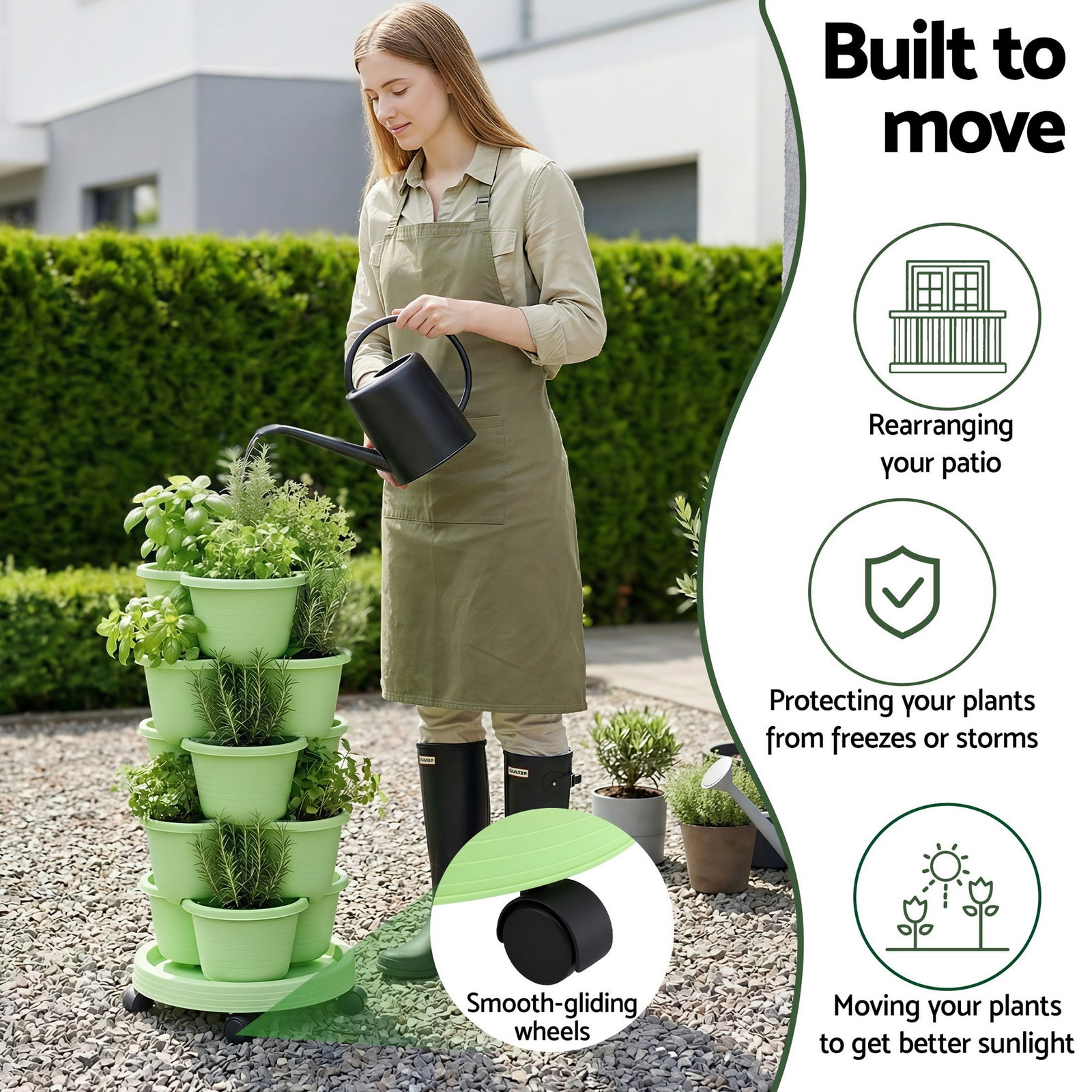 Green Fingers 5 Tier Vertical Garden Planter, Stackable Planters with Wheels, Light Green, Garden Bed, Garden Tower Indoor Outdoor, Auto Drainage System, for Strawberries, Herbs, Flowers, Vegetables