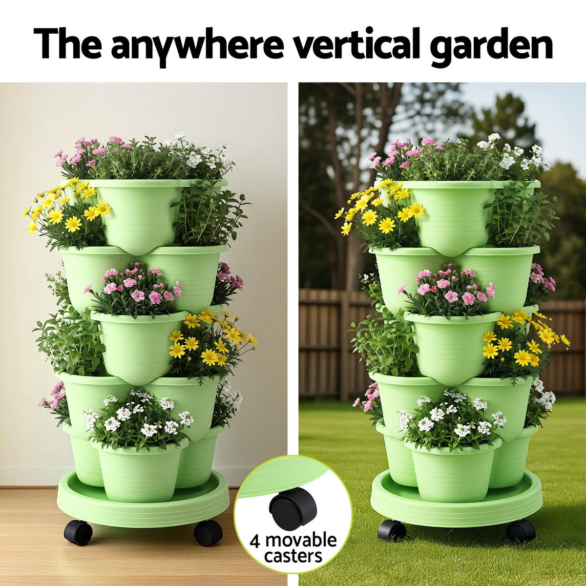 Green Fingers 5 Tier Vertical Garden Planter, Stackable Planters with Wheels, Light Green, Garden Bed, Garden Tower Indoor Outdoor, Auto Drainage System, for Strawberries, Herbs, Flowers, Vegetables