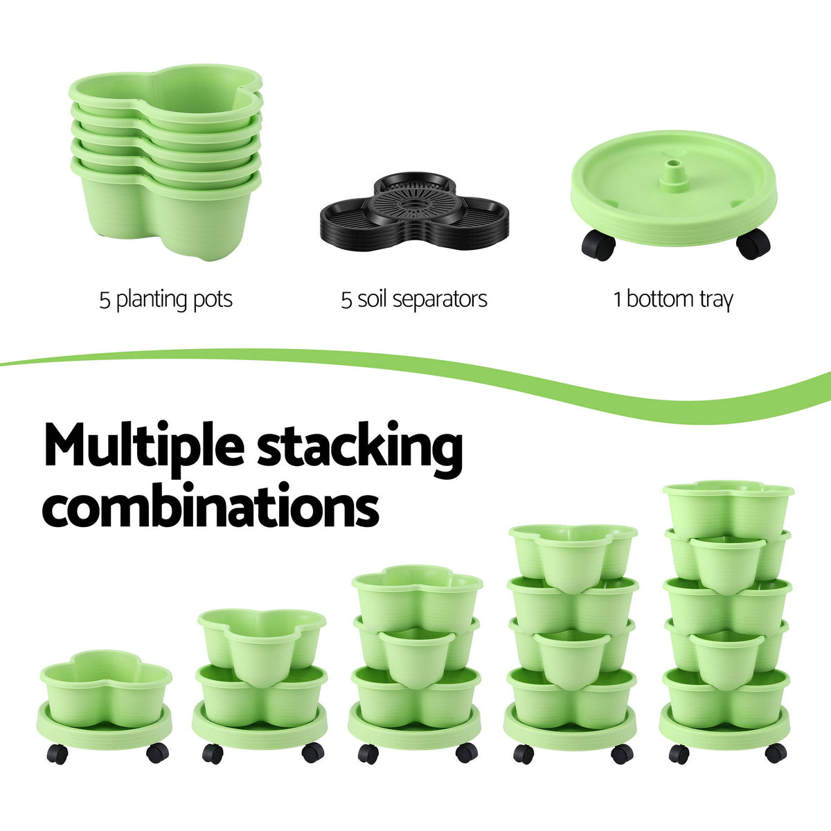 Green Fingers 5 Tier Vertical Garden Planter, Stackable Planters with Wheels, Light Green, Garden Bed, Garden Tower Indoor Outdoor, Auto Drainage System, for Strawberries, Herbs, Flowers, Vegetables
