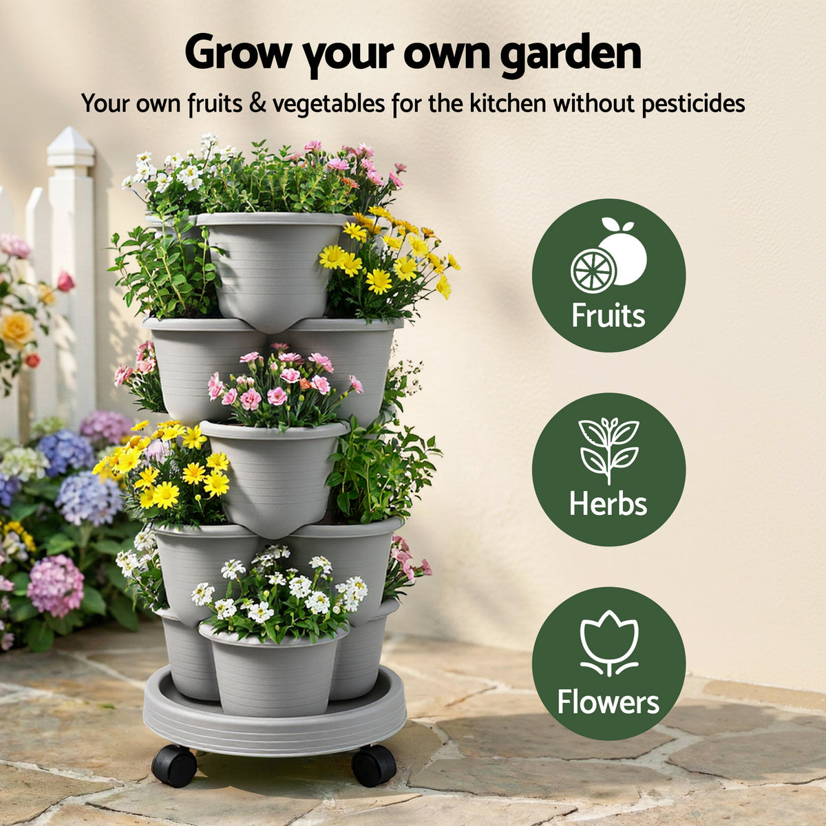 Green Fingers 5 Tier Vertical Garden Planter, Stackable Planters with 4 Wheels, Grey, Raised Garden Bed, Garden Tower Indoor Outdoor, Auto Drainage System, for Strawberries, Herbs, Flower, Vegetables