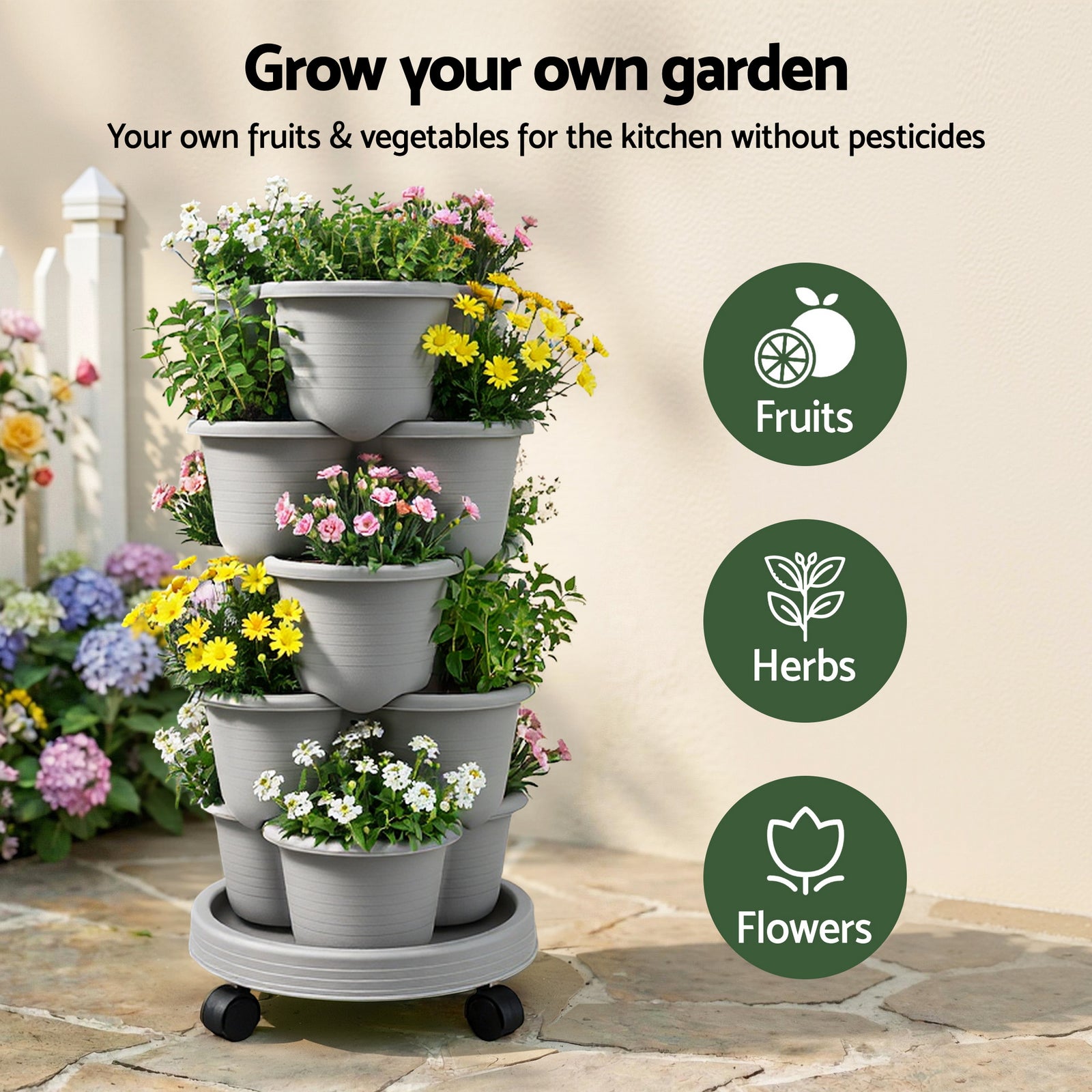 Green Fingers 5 Tier Vertical Garden Planter, Stackable Planters with 4 Wheels, Grey, Raised Garden Bed, Garden Tower Indoor Outdoor, Auto Drainage System, for Strawberries, Herbs, Flower, Vegetables