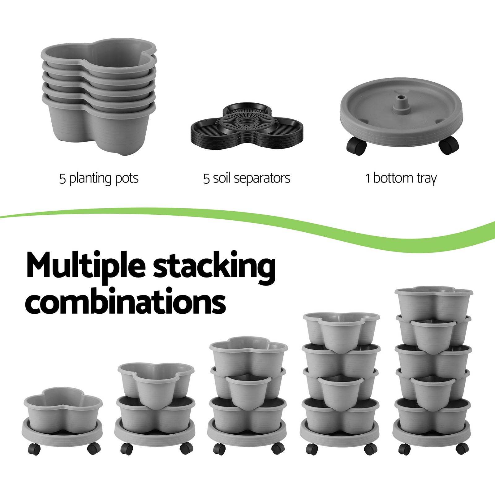 Green Fingers 5 Tier Vertical Garden Planter, Stackable Planters with 4 Wheels, Grey, Raised Garden Bed, Garden Tower Indoor Outdoor, Auto Drainage System, for Strawberries, Herbs, Flower, Vegetables