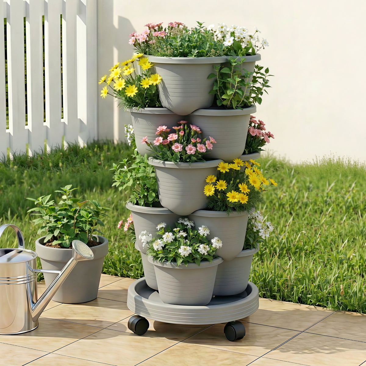 Green Fingers 5 Tier Vertical Garden Planter, Stackable Planters with 4 Wheels, Grey, Raised Garden Bed, Garden Tower Indoor Outdoor, Auto Drainage System, for Strawberries, Herbs, Flower, Vegetables