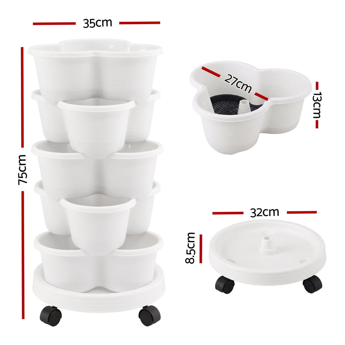 Green Fingers 5 Tier Vertical Garden Planter, Stackable Planters with Wheels, White, Garden Bed, Garden Tower Indoor Outdoor, Auto Drainage System, for Strawberries, Herbs, Flowers, Vegetables